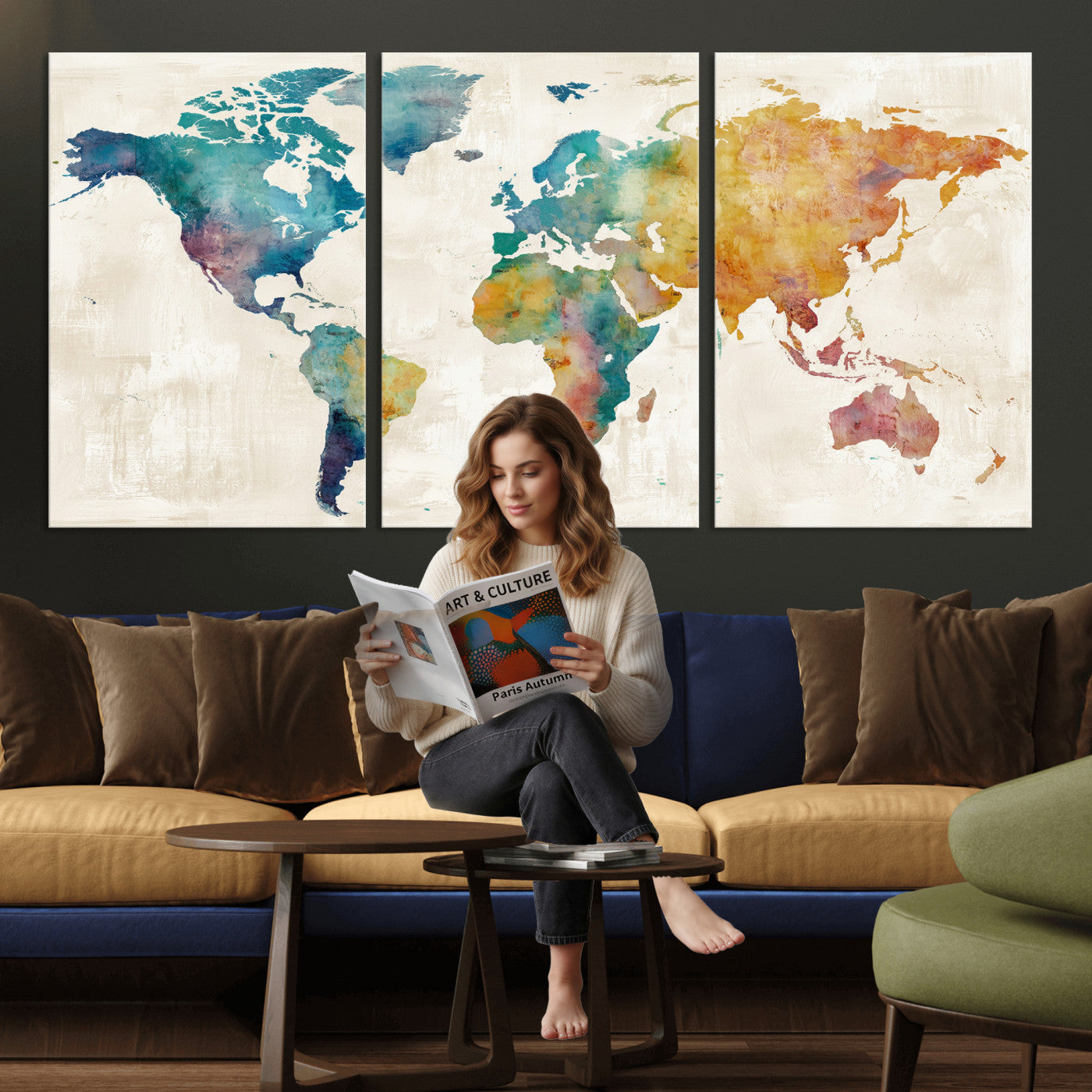 56556018-MGV-CV-36X24 - Watercolor World Map Canvas Wall Art Print – Abstract Colorful Travel Wall Decor