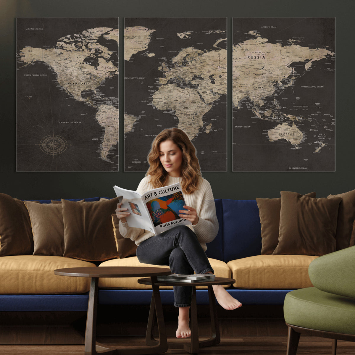 56556018136-MGV-CV-36X24 - World Map Canvas Wall Art Dark Charcoal Antique Tan Detailed