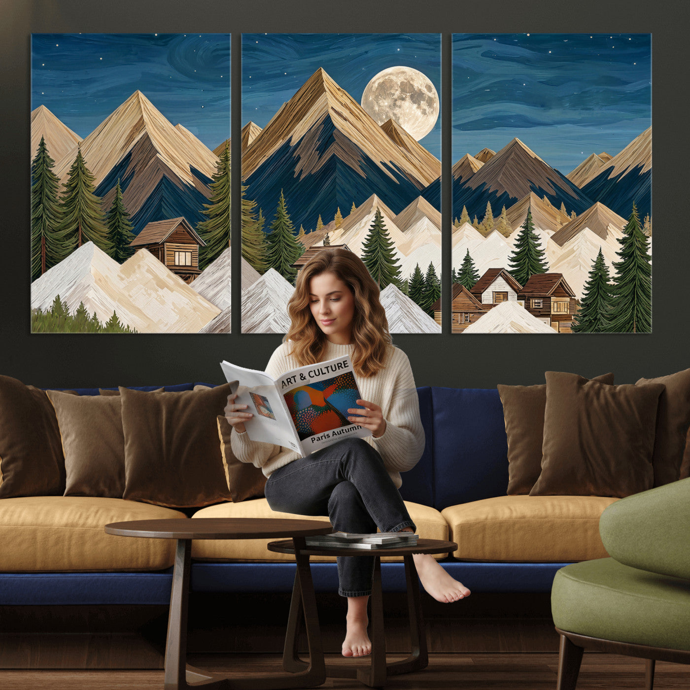 17622011MO-MGV-CV-60X30-3P - Moonlit Mountain Cabin Wall Art Canvas Print, Rustic Mountain Landscape Canvas Print, Woodland Cabin Wall Decor, Framed Nature Artwork Ready to Hang