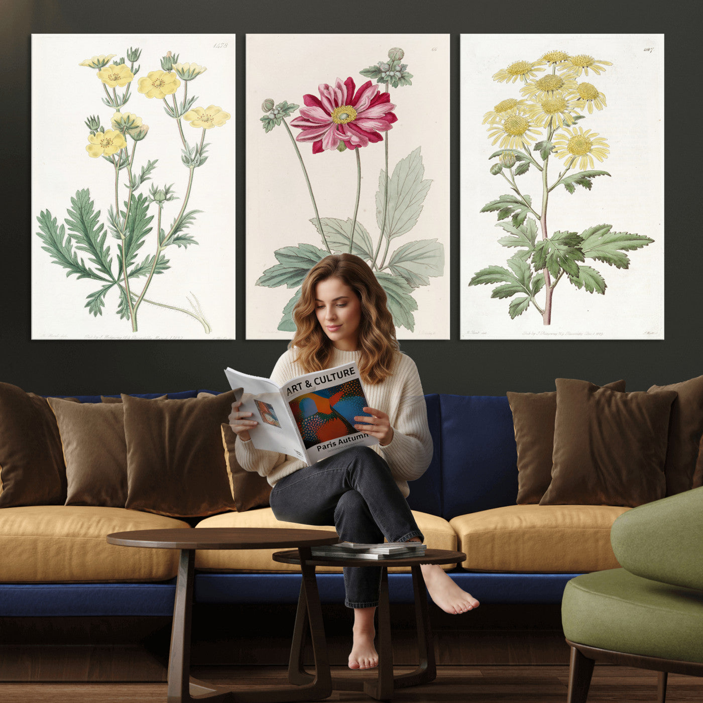 17622011MF-MGV-CV-60X30-3P - Antique Botanical Canvas Wall Art, Victorian Flower Illustration Triptych Print, Cottagecore Vintage Botanical Decor