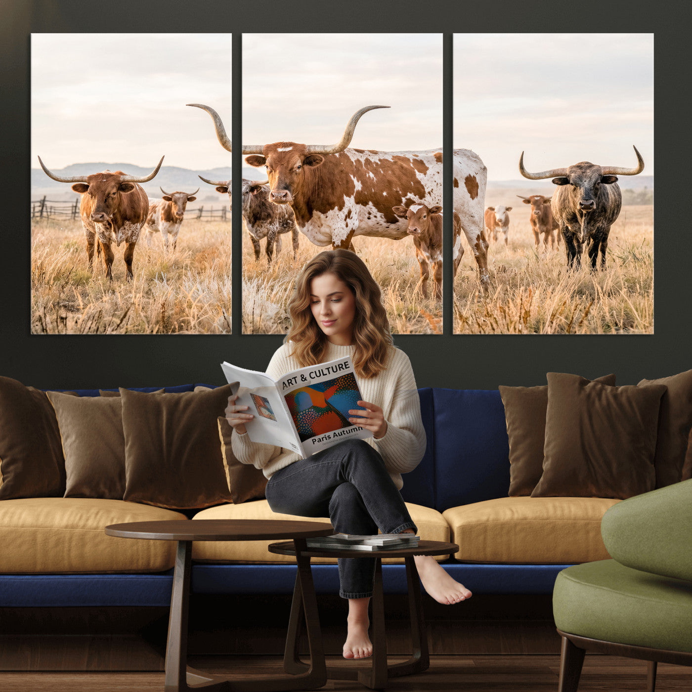 62336425AC-MGV-CV-36X24 - Texas Longhorn Canvas Wall Art, Rustic Farm Animal Photography Print, Farmhouse Country Decor, Western Ranch Art