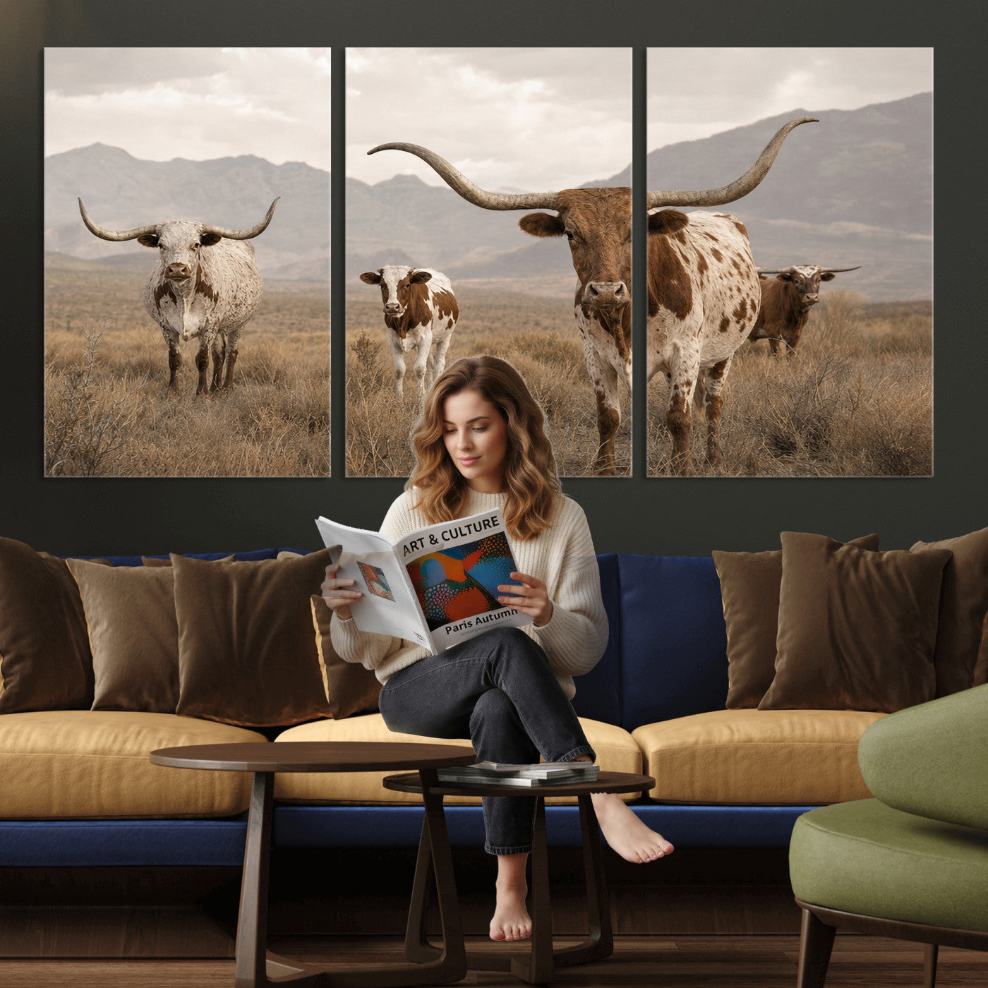 62336425AD-MGV-CV-36X24 - Rustic Texas Longhorn Cow Canvas Wall Art Print, Rustic Farm Animal Photography Print, Farmhouse Country Decor, Western Ranch Art