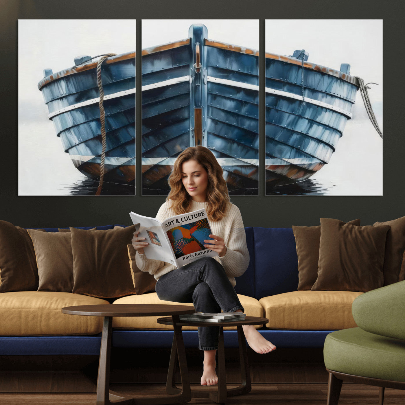 21601740-MGV-CV-36X24 - Blue Wooden Rowboat Canvas Wall Art, Coastal Nautical Boat Painting Print for Lake Beach House Decor, Minimalist Maritime Decor Artwork