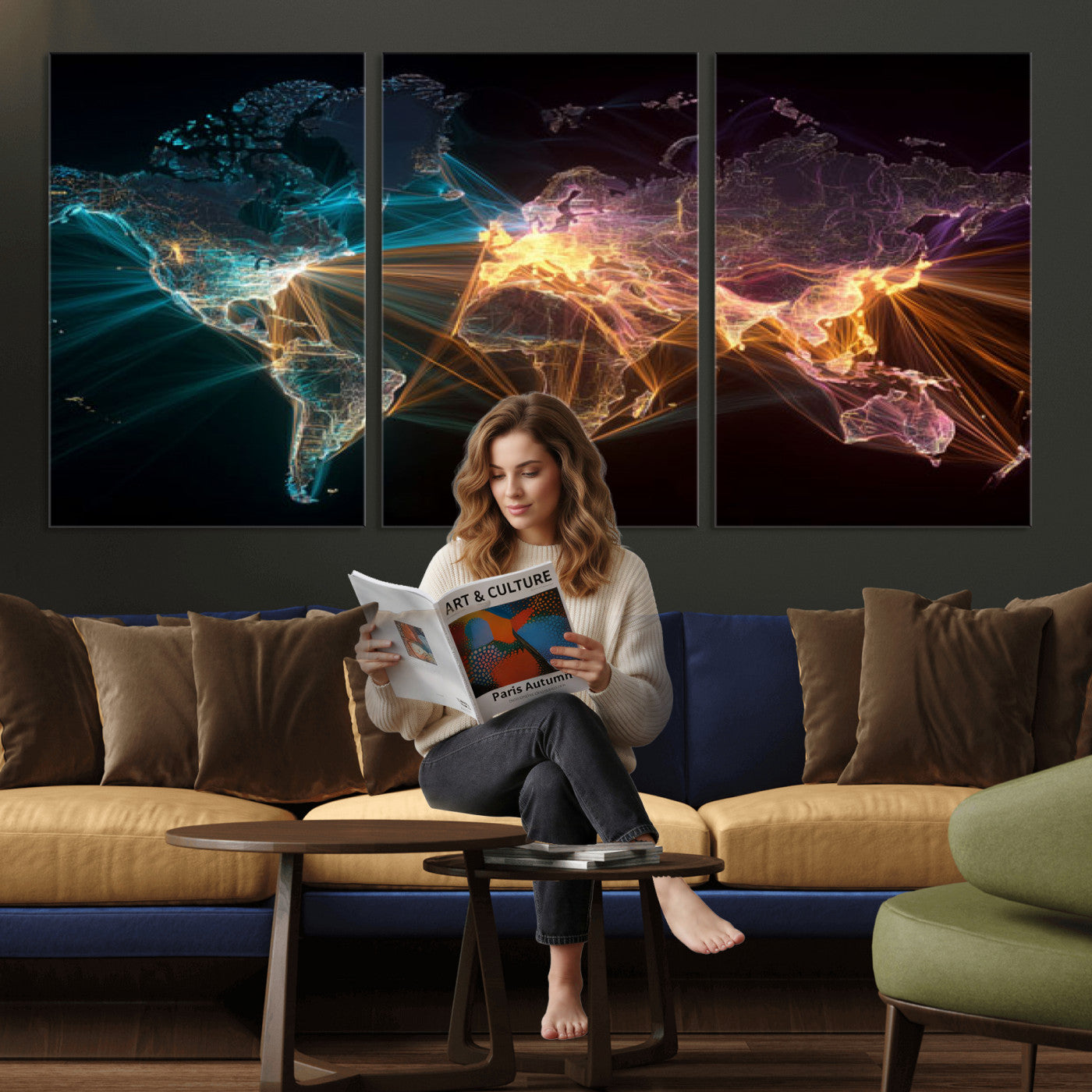 14891737-MGV-CV-36X24 - World Map and Global Flight Routes Map Canvas Wall Art, Worldwide Aviation Network Print, International Air Travel Wall Decor