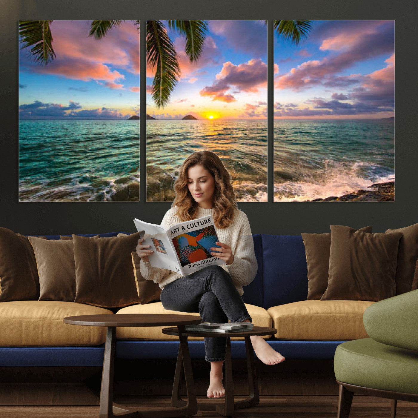 13207742-MGV-CV-36X24 - Hawaii Beach Sunset Canvas Wall Art Print, Tropical Ocean Landscape Artwork, Palm Tree Coastal Decor for Living Room Bedroom