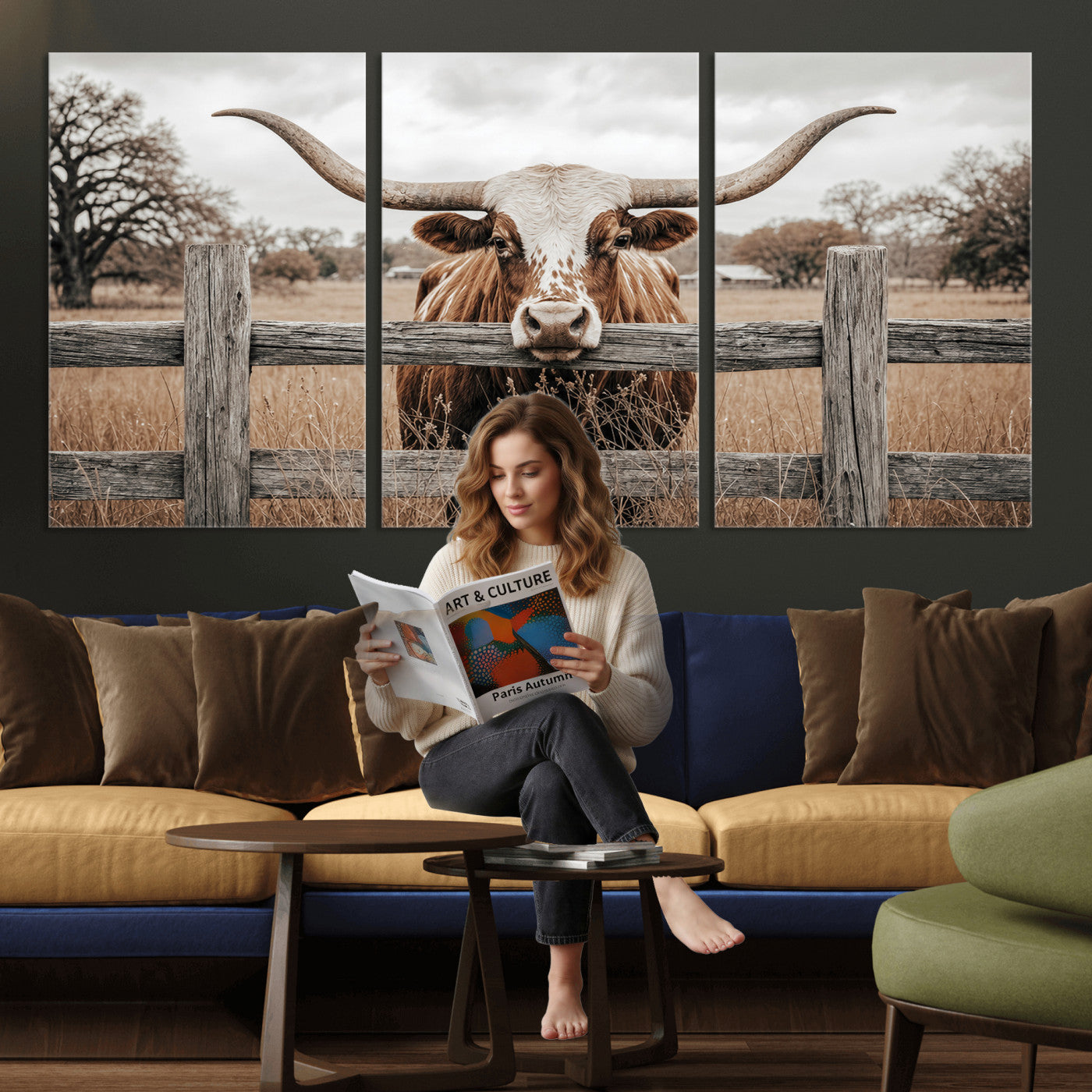 59378683N-MGV-CV-60X30-3P - Farmhouse Texas Longhorn Bull Canvas Wall Art, Western Ranch Cattle Photography Print, Rustic Barn Cowboy Decor Artwork