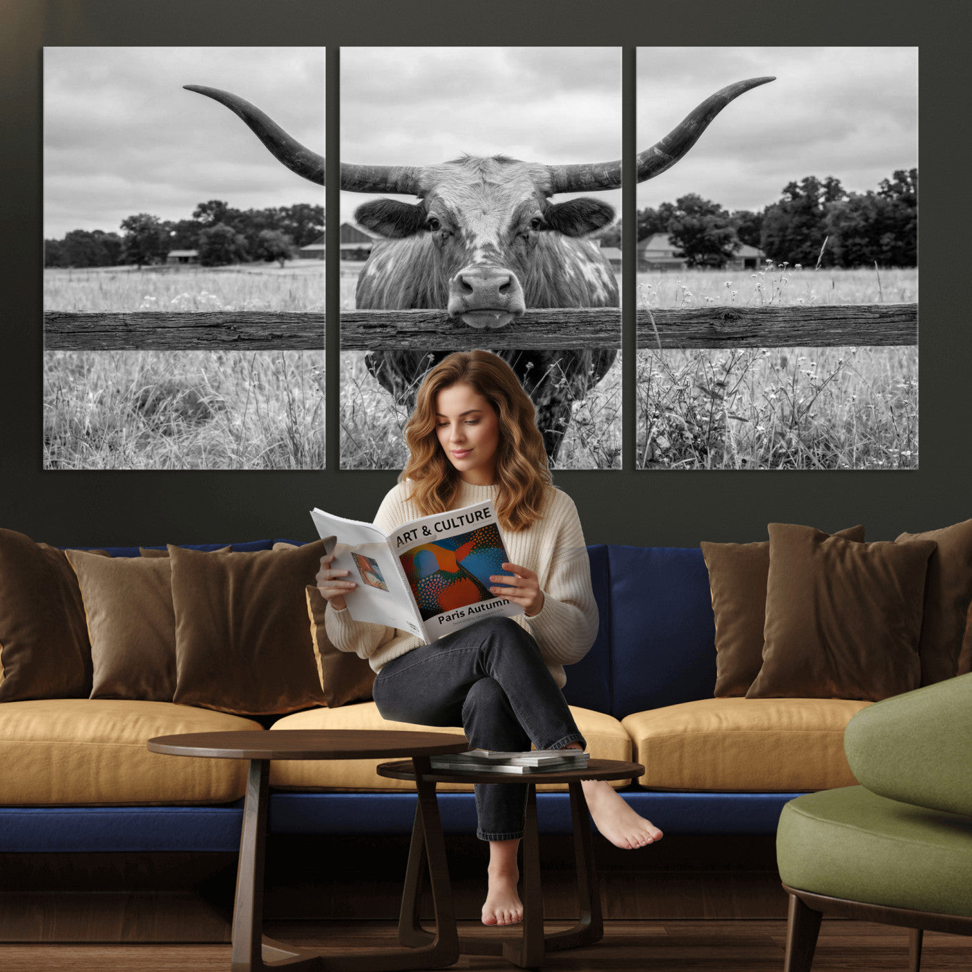 59378683-MGV-CV-60X30-3P - Black White Texas Longhorn Bull Canvas Wall Art, Western Ranch Cattle Photography Print, Rustic Farmhouse Cowboy Decor Artwork