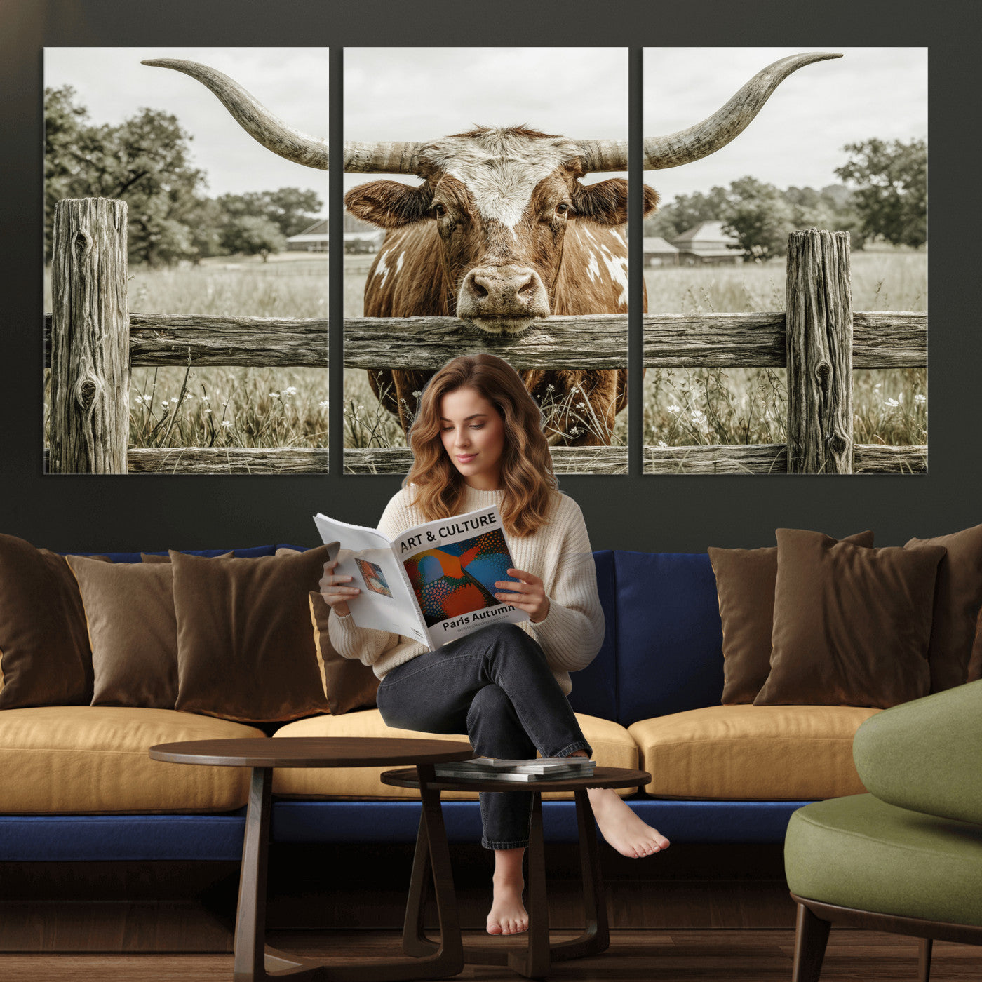 59378683M-MGV-CV-60X30-3P - Large Farmhouse Texas Longhorn Bull Canvas Wall Art, Western Ranch Cattle Photography Print, Rustic Barn Cowboy Decor Artwork