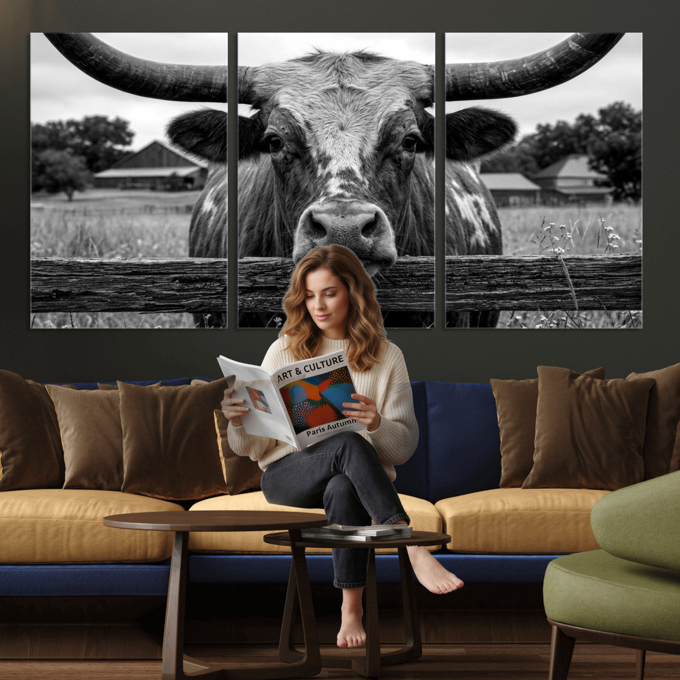 59378683B-MGV-CV-36X24 - Black White Texas Longhorn Bull Canvas Wall Art, Western Ranch Cattle Photography Print, Rustic Farmhouse Cowboy Decor Artwork