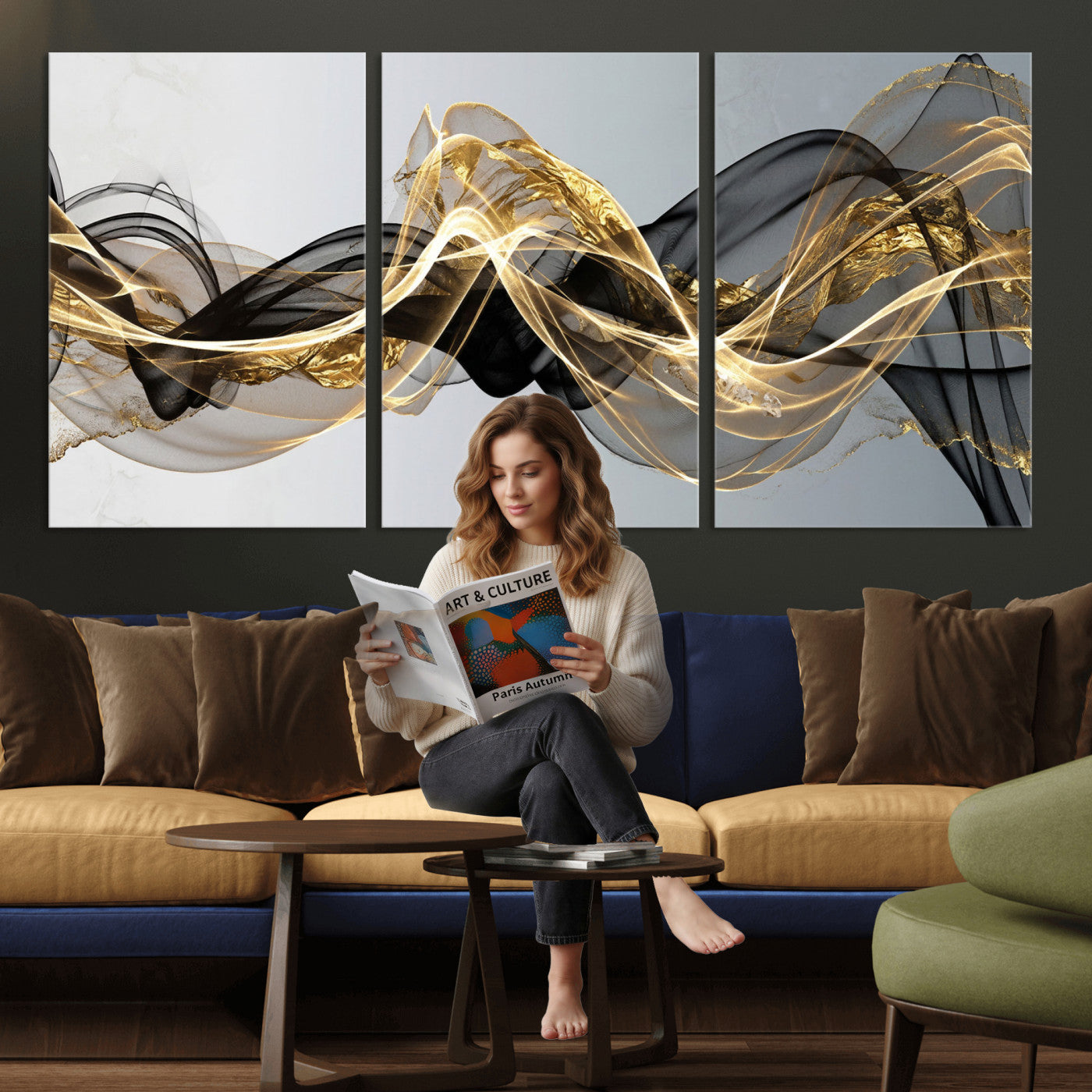 79483321DL-MGV-CV-36X24 - Black and Gold Abstract Wall Art, Modern Wave Canvas Print, Elegant Flowing Smoke Art, Luxury Living Room Decor