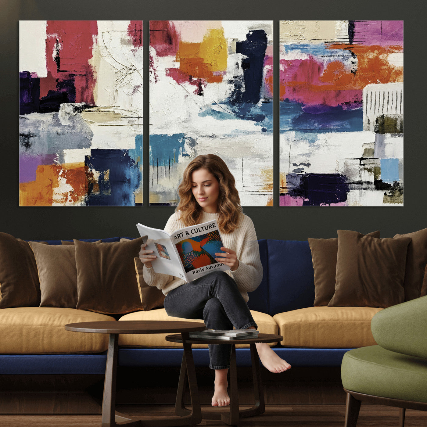 57864023-MGV-CV-36X24 - Blue Teal Abstract Canvas Wall Art, Modern Textured Painting Print, Navy Orange White Contemporary Art, Neutral Living Room Decor, Office Art