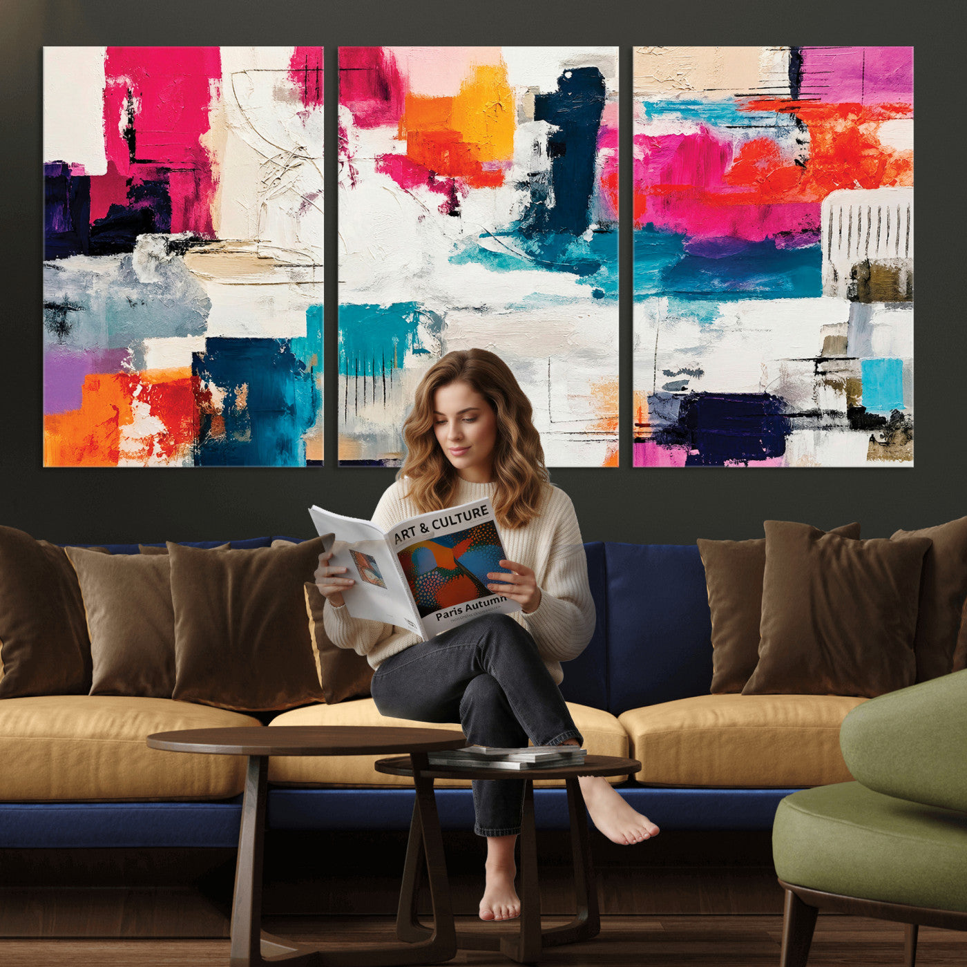 57864023-MGV-CV-36X24 - Blue Teal Abstract Canvas Wall Art | Modern Textured Painting Print, Navy Orange White Contemporary Art, Neutral Living Room Decor, Office Art