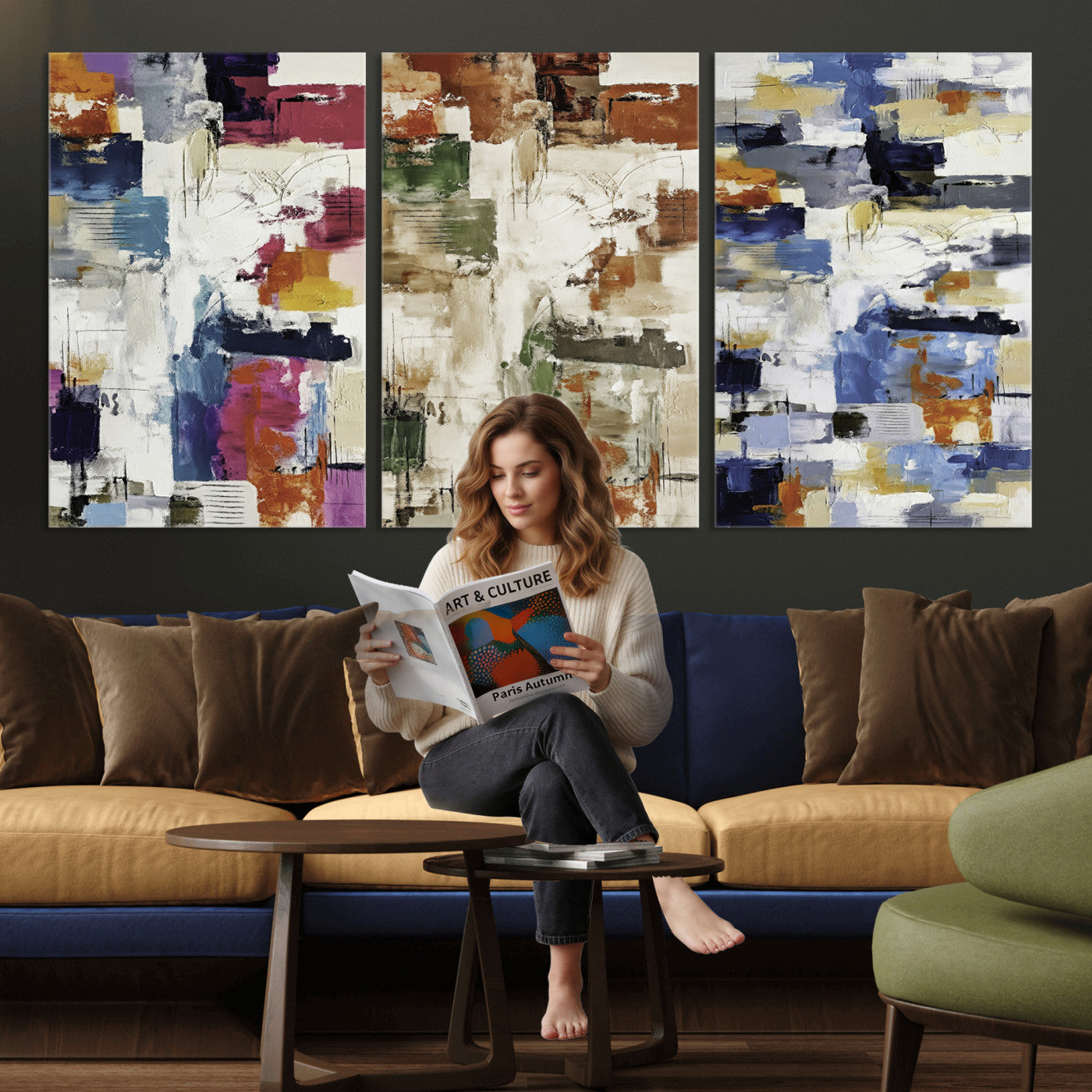 33267833-MGV-CV-60X30-3P - Blue Teal Abstract Canvas Wall Art, Modern Textured Painting Print, Navy Orange White Contemporary Art, Neutral Living Room Decor, Office Art