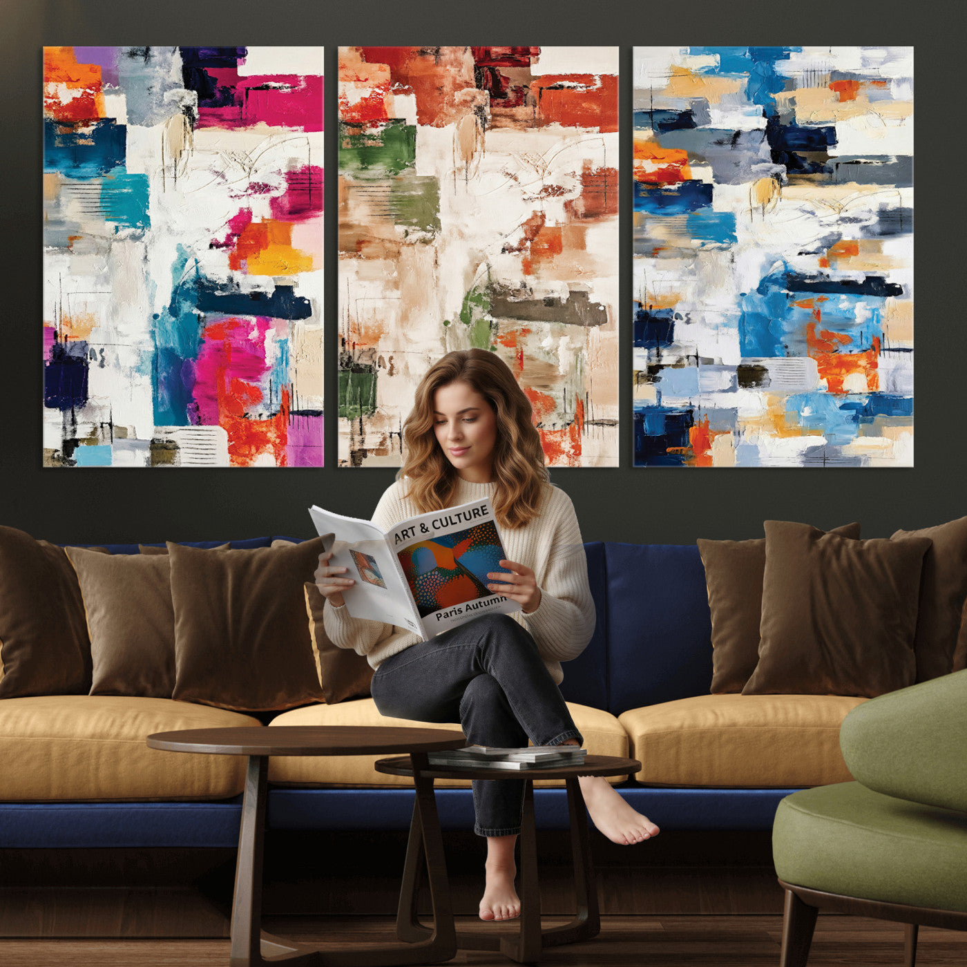 33267833-MGV-CV-60X30-3P - Blue Teal Abstract Canvas Wall Art, Modern Textured Painting Print, Navy Orange White Contemporary Art, Neutral Living Room Decor, Office Art