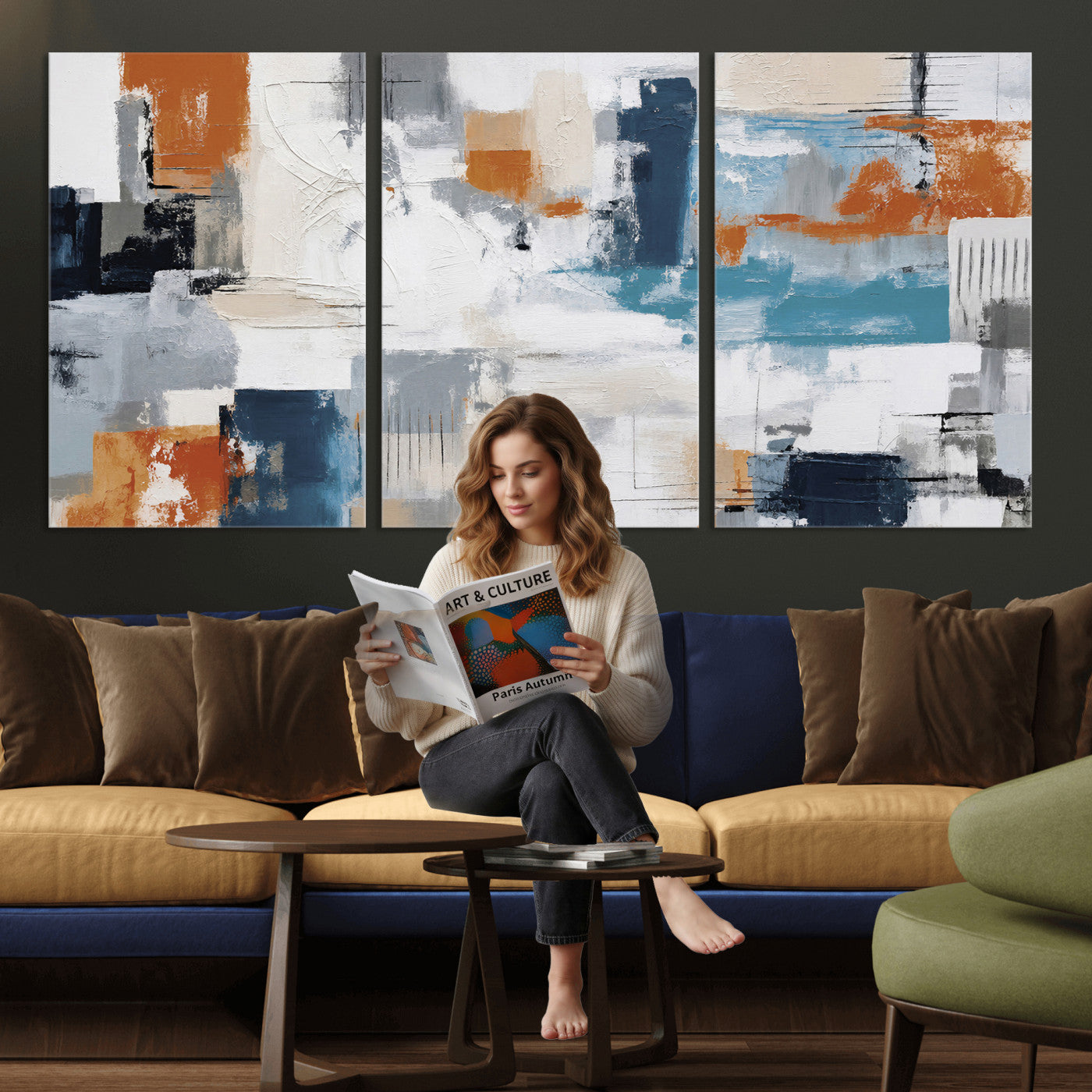 44950303-MGV-CV-36X24 - Blue Teal Abstract Canvas Wall Art, Modern Textured Painting Print, Navy Orange White Contemporary Art, Neutral Living Room Decor, Office Art