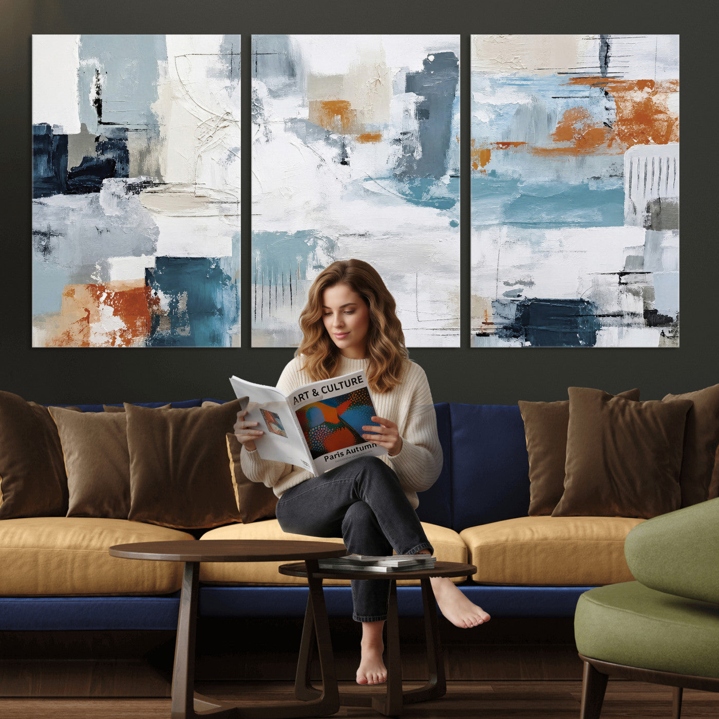 98638479-MGV-CV-36X24 - Blue Teal Abstract Canvas Wall Art, Modern Textured Painting Print, Navy Orange White Contemporary Art, Neutral Living Room Decor, Office Art