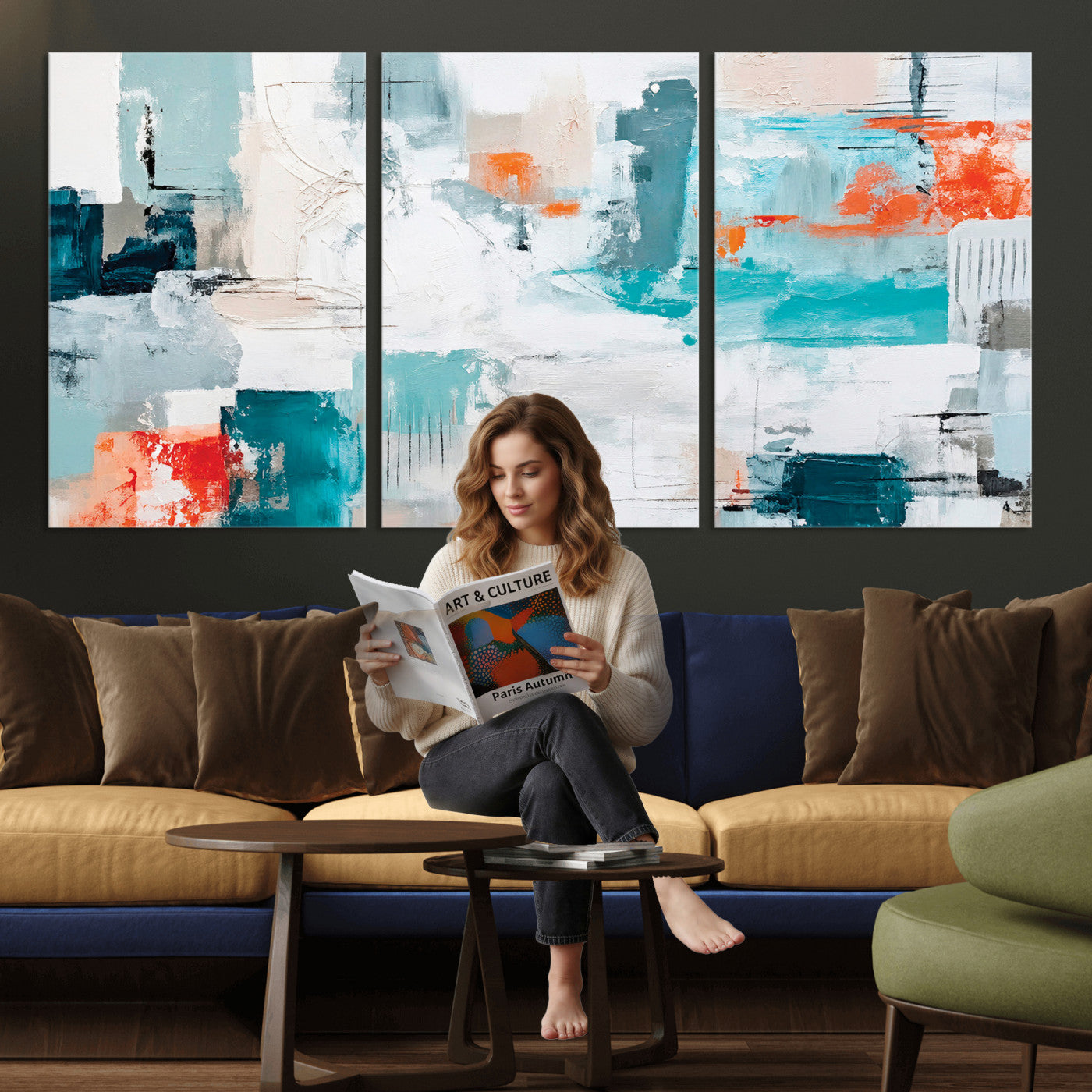 98638479-MGV-CV-36X24 - Blue Teal Abstract Canvas Wall Art | Modern Textured Painting Print, Navy Orange White Contemporary Art, Neutral Living Room Decor, Office Art