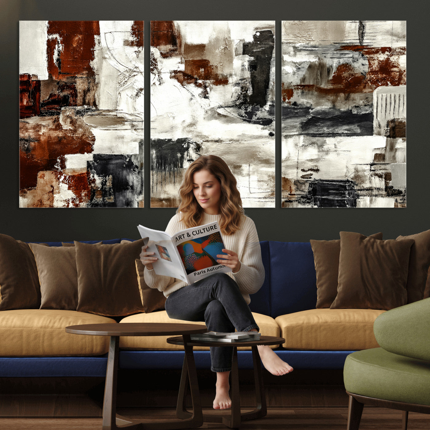 53022468-MGV-CV-36X24 - Blue Teal Abstract Canvas Wall Art, Modern Textured Painting Print, Navy Orange White Contemporary Art, Neutral Living Room Decor, Office Art