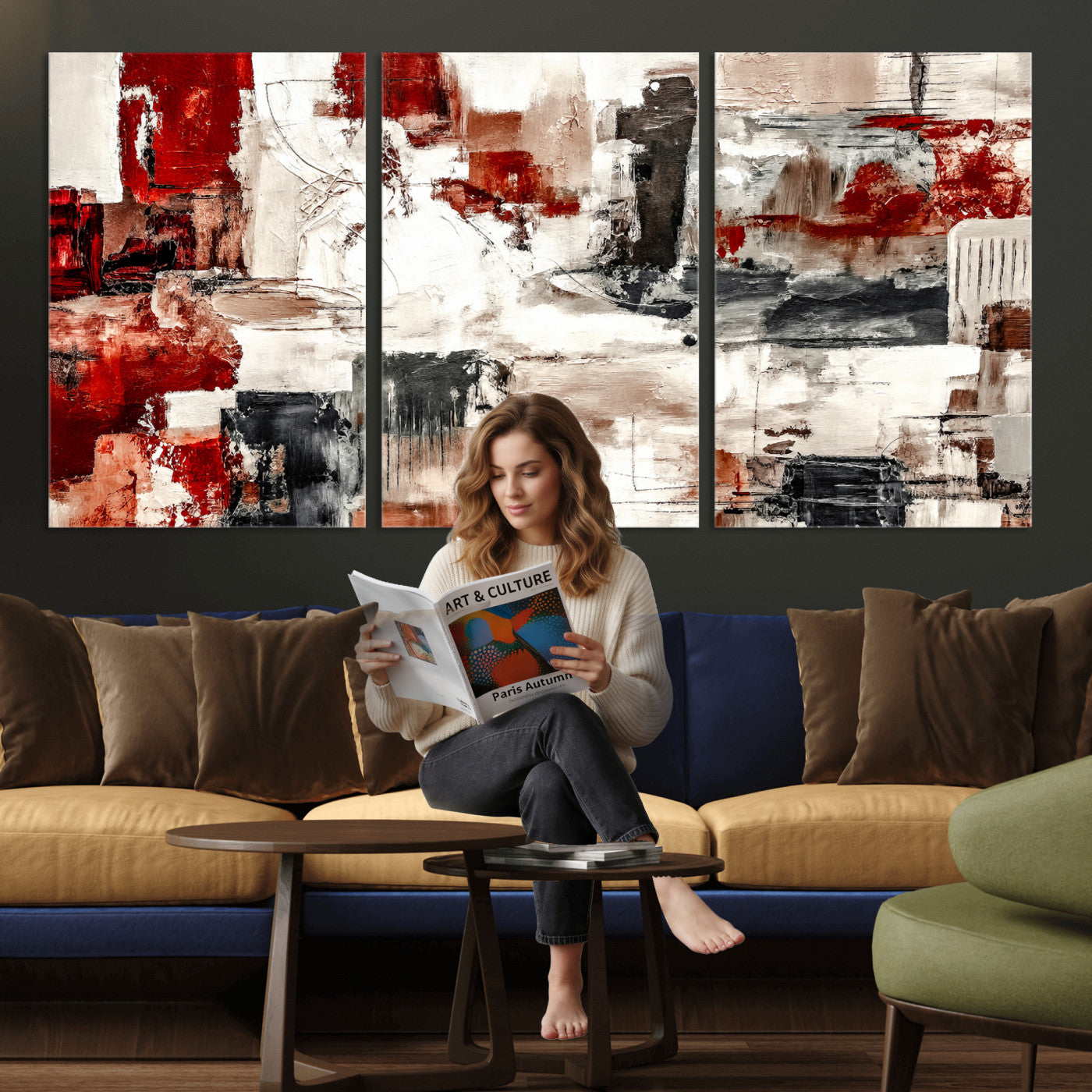 53022468-MGV-CV-36X24 - Blue Teal Abstract Canvas Wall Art, Modern Textured Painting Print, Navy Orange White Contemporary Art, Neutral Living Room Decor, Office Art