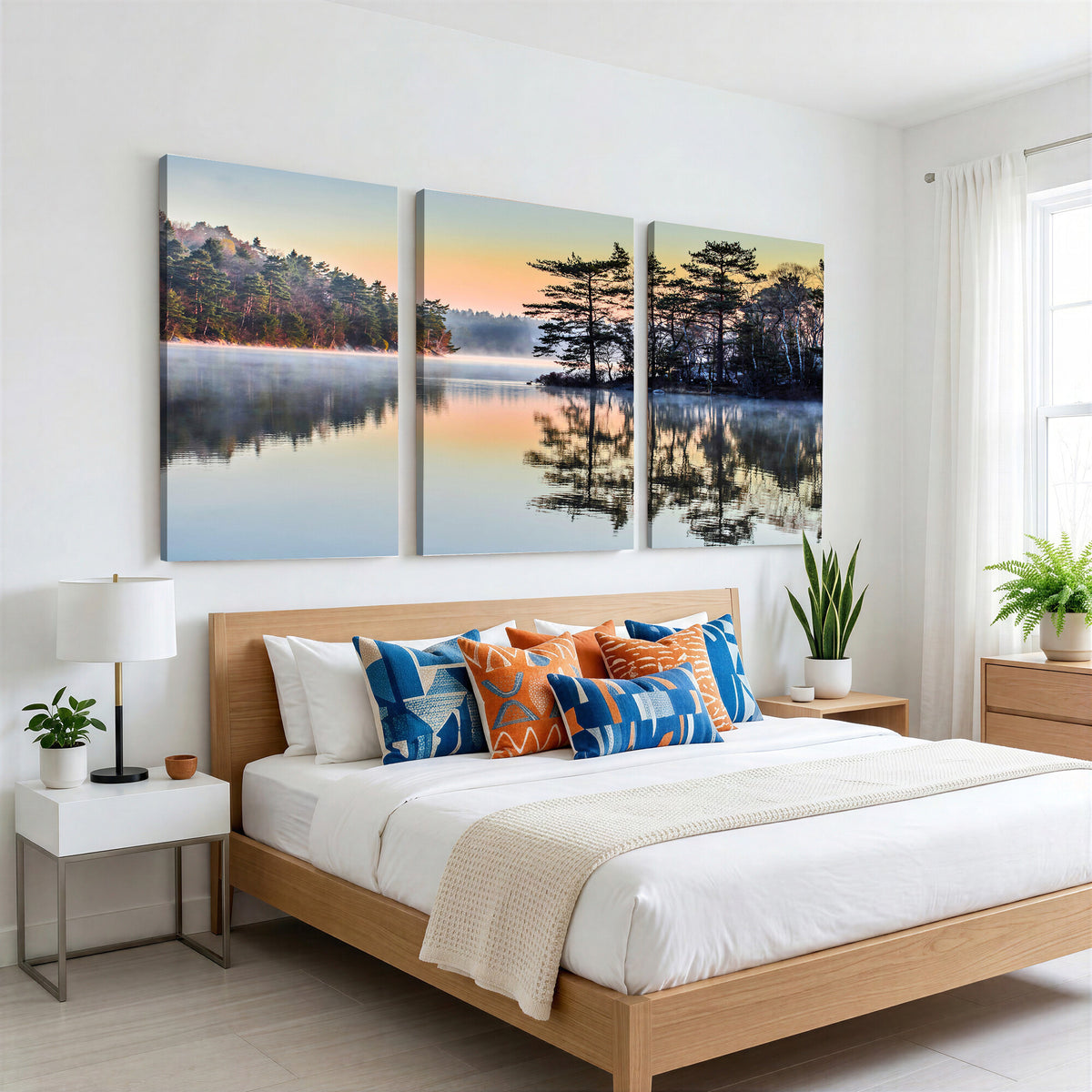 34236027-MGV-CV-36X24 - Before People Wake Canvas Wall Art Print, Misty Lake Sunrise Landscape, Forest Reflection Nature Decor, Ready to Hang