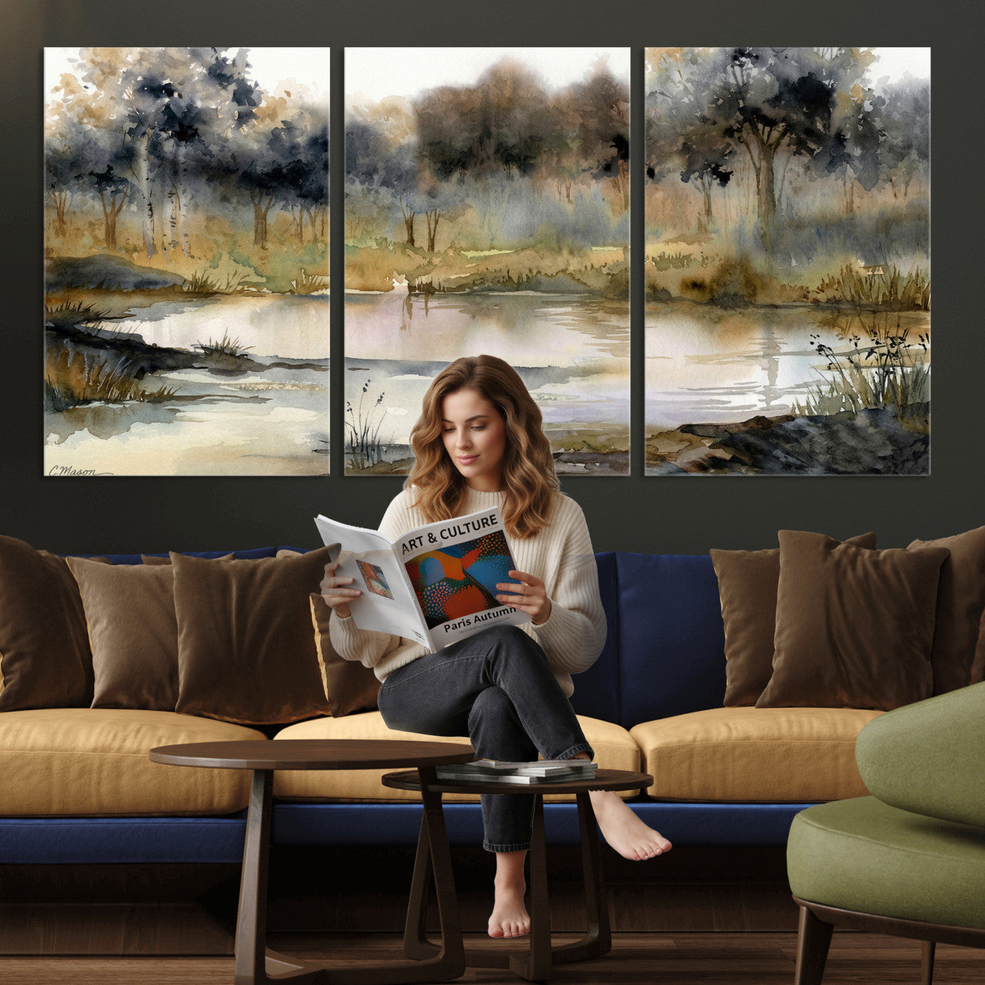 27383609-MGV-CV-36X24 - Abstract WatercolorAutumn Lake Canvas Wall Art Print, Misty Forest Landscape, Rustic Nature Painting, Cabin Wall Decor, Ready to Hang