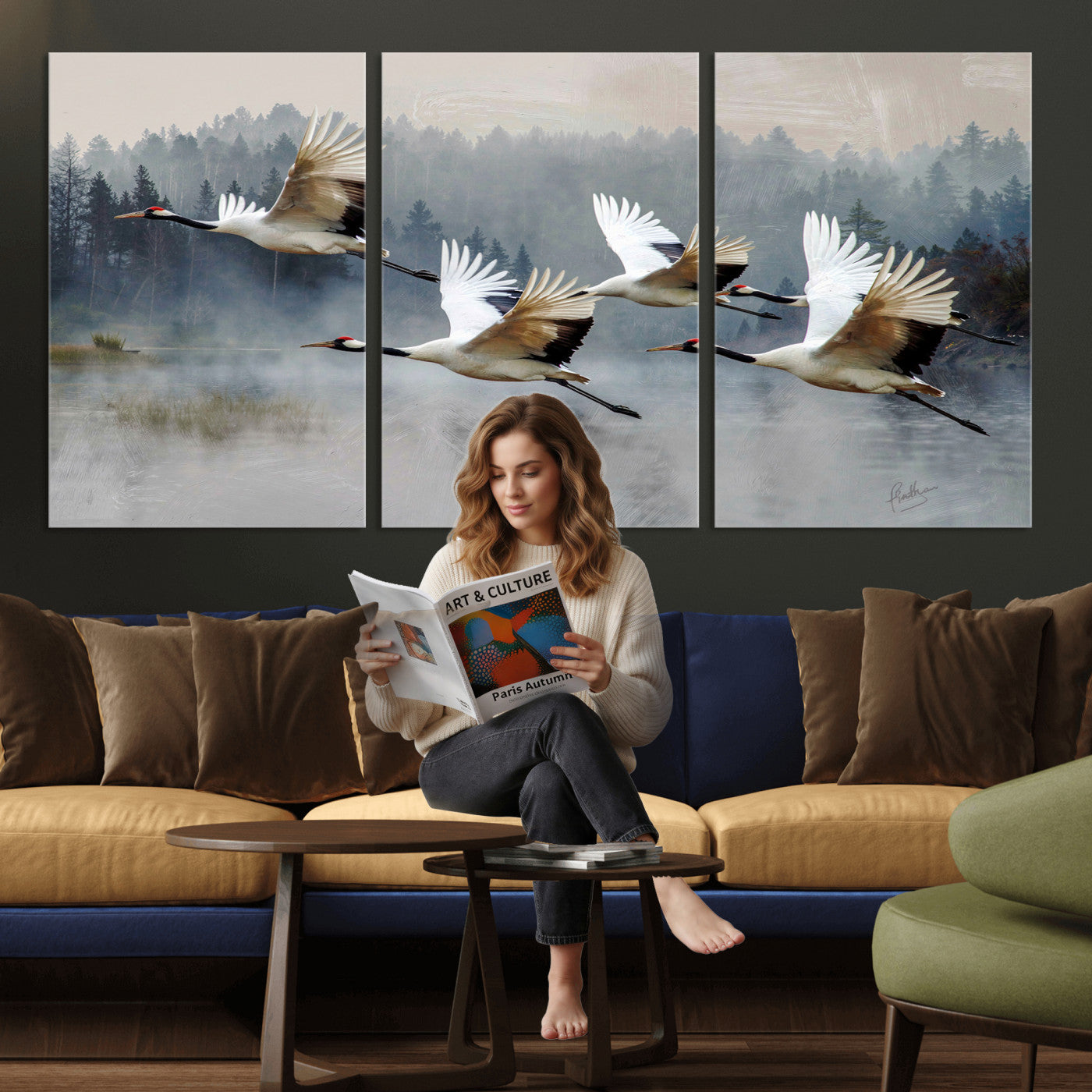 24356826-MGV-CV-36X24 - Flying Crane Canvas Wall Art Print, White Crane Bird Artwork, Wildlife Nature Decor, Lake Landscape Canvas - Ready to Hang