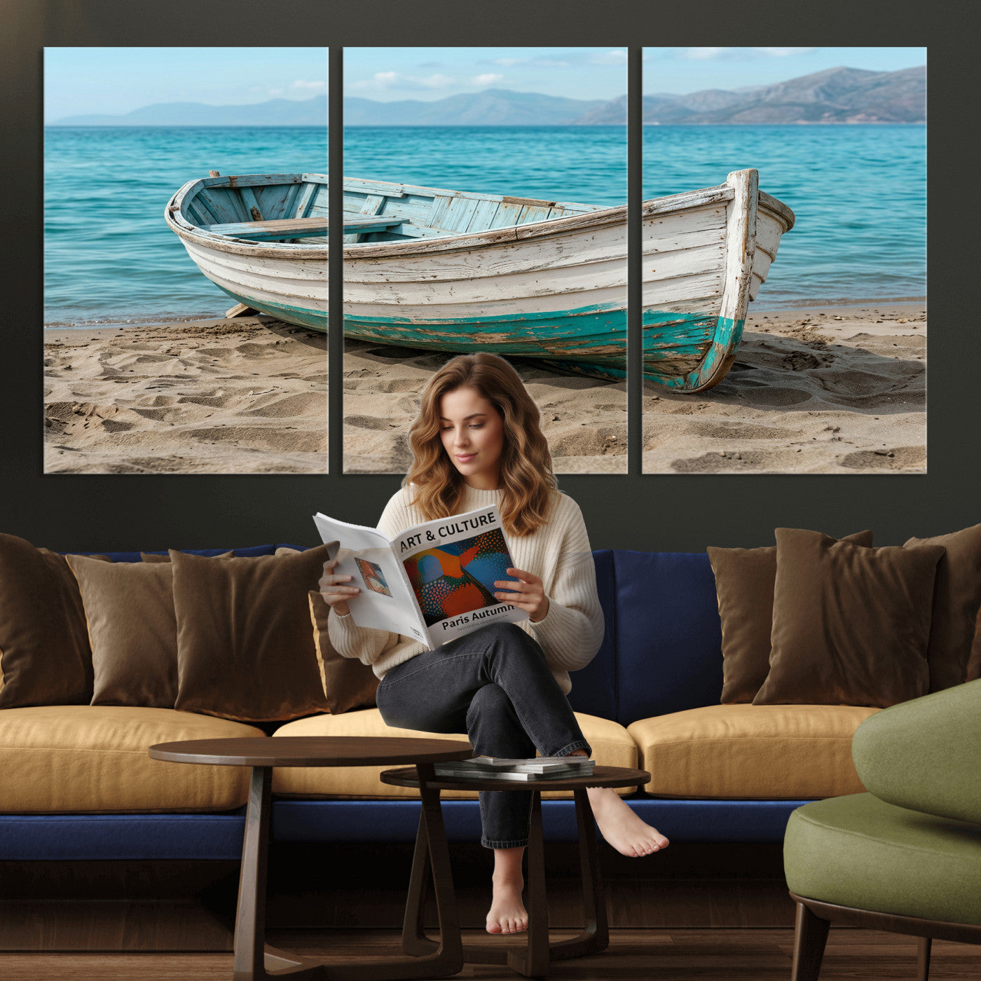 49963709-MGV-CV-36X24 - Coastal Boat Canvas Wall Art Print, Beach Boat Painting, Nautical Ocean Decor, Seascape Wall Art, Ready to Hang