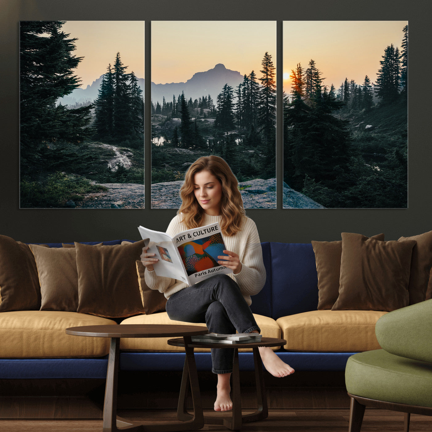 89996020-MGV-CV-36X24 - Mountain Forest Canvas Wall Art Print, Pine Tree Landscape, Sunset Nature Photography, Wilderness Wall Decor, Ready to Hang