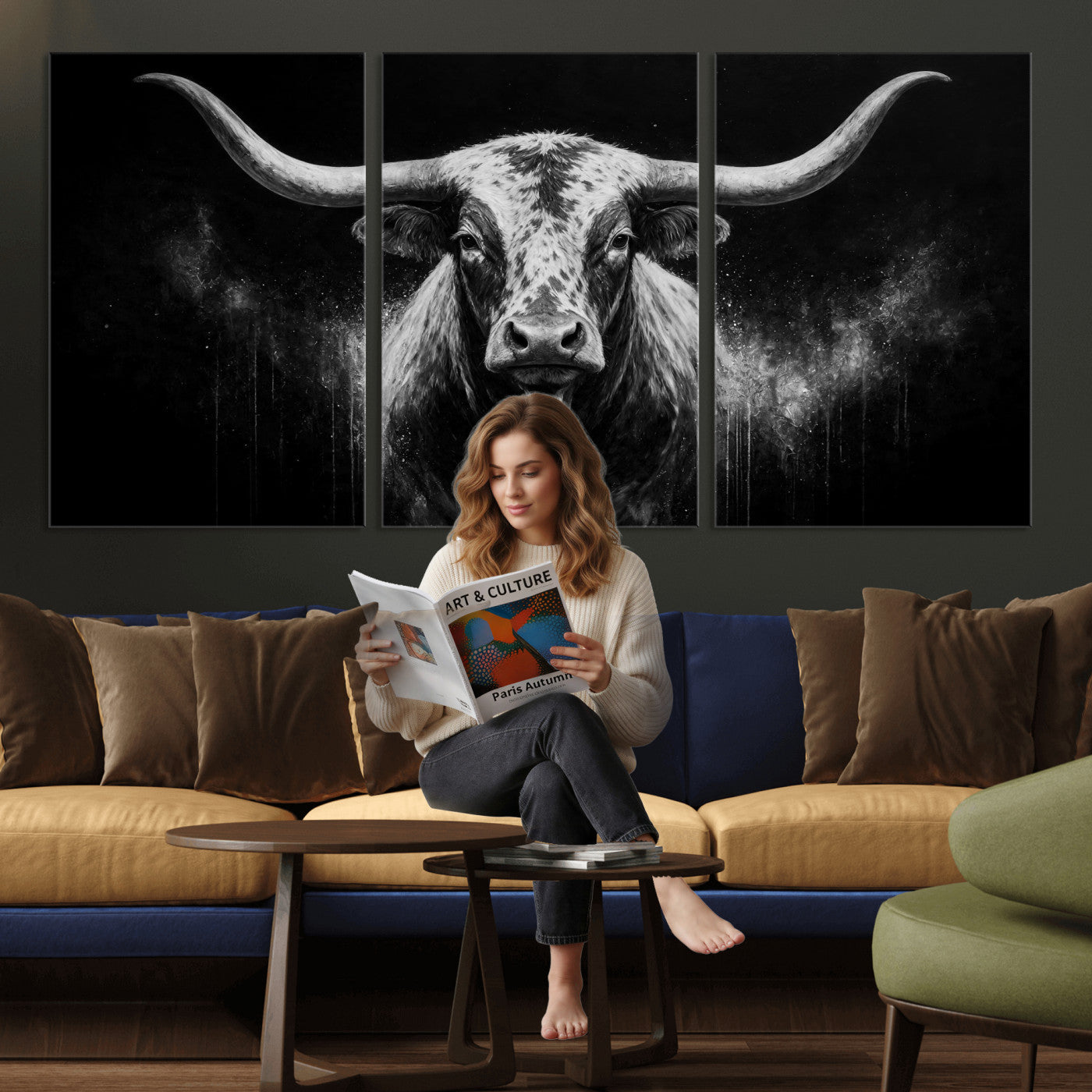 29671077-MGV-CV-60X30-3P - Texas Bull Cow Longhorn Canvas Wall Art Moody Western Bull Oil Painting Print
