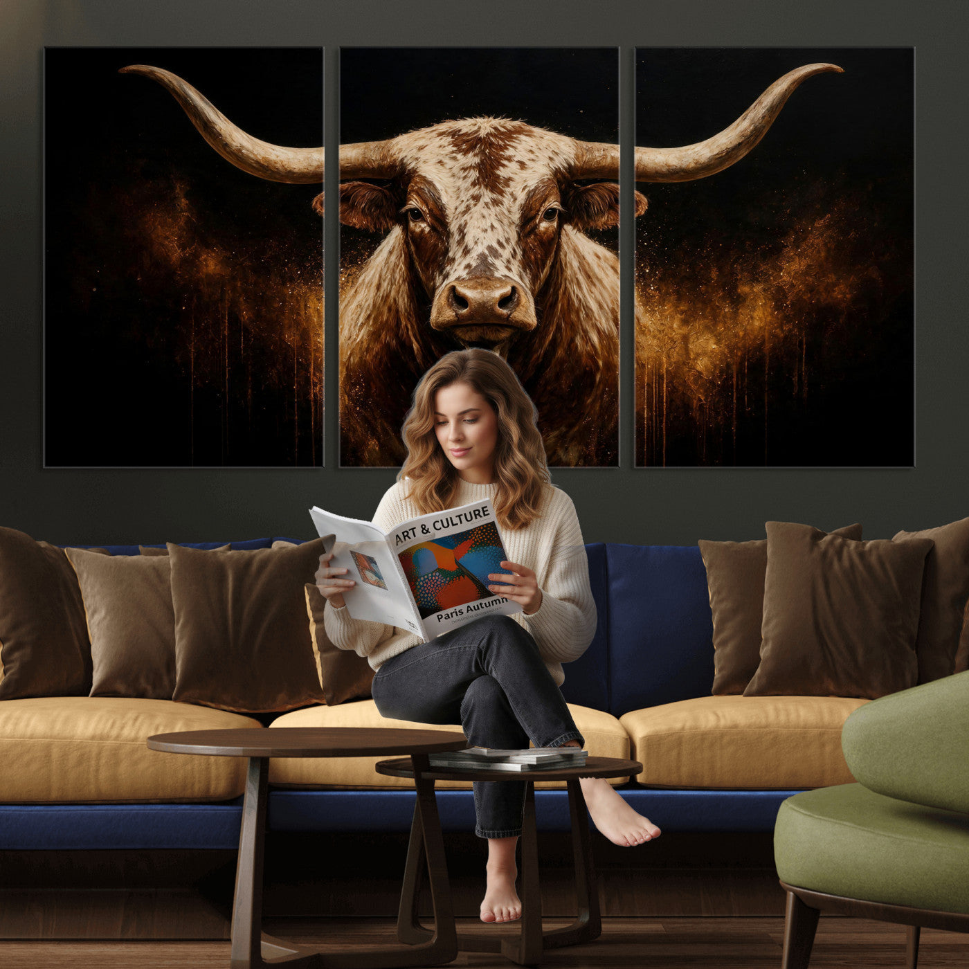 62076449-MGV-CV-48X32-3P - Texas Bull Cow Longhorn Canvas Wall Art Moody Western Bull Oil Painting Print