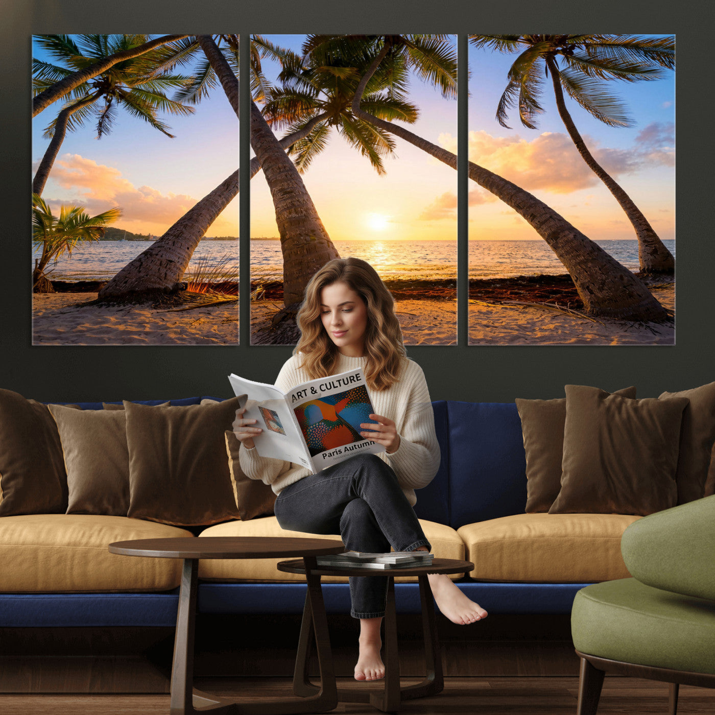 75123213-MGV-CV-36X24 - Tropical Island Coconut Palm Trees Sunset Wall Art Canvas Print - Turquoise Beach Print for Nautical Home Decor