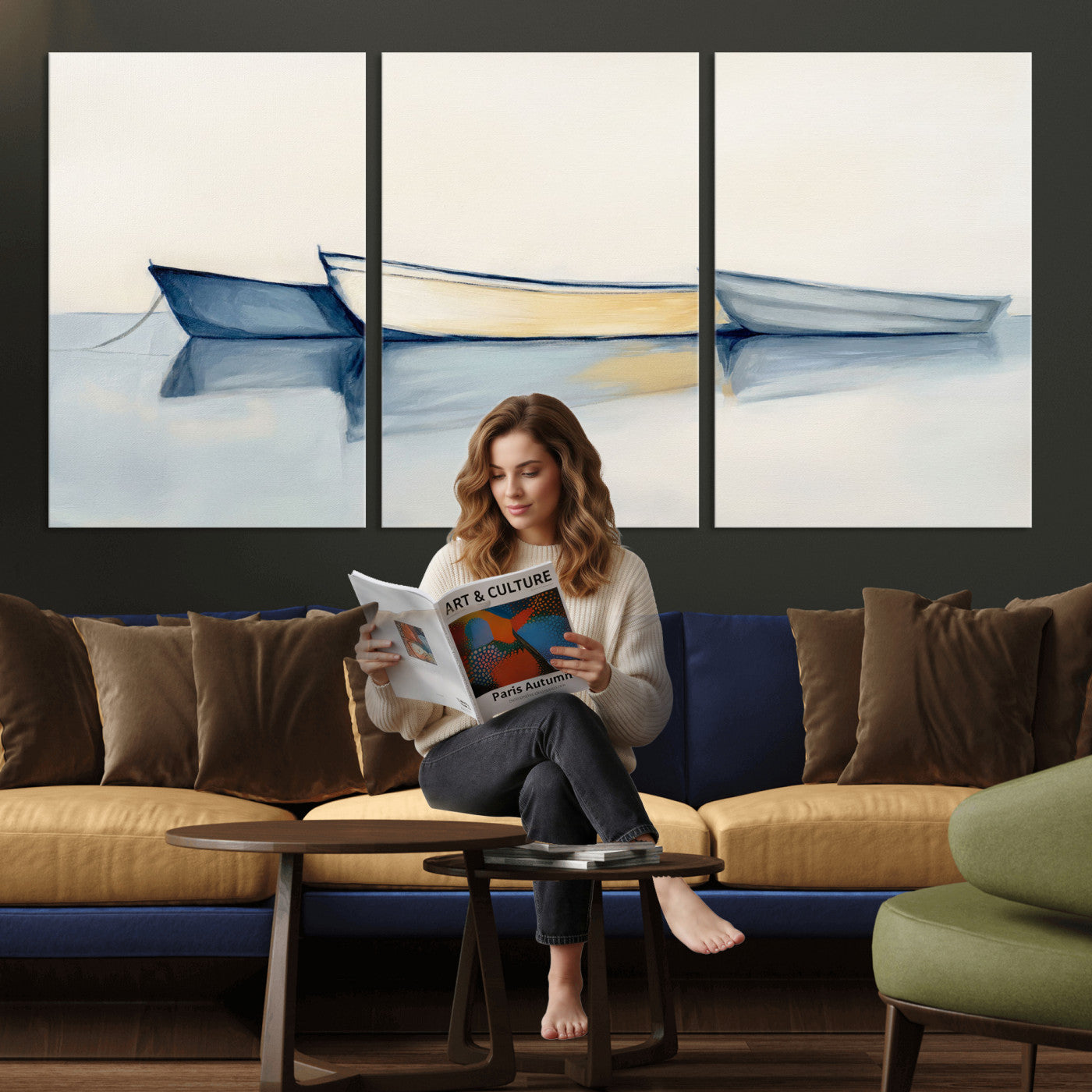 84017361-MGV-CV-36X24 - Abstract Three Boats Reflecting on Water Wall Art Canvas Print - Minimalist Coastal Seascape