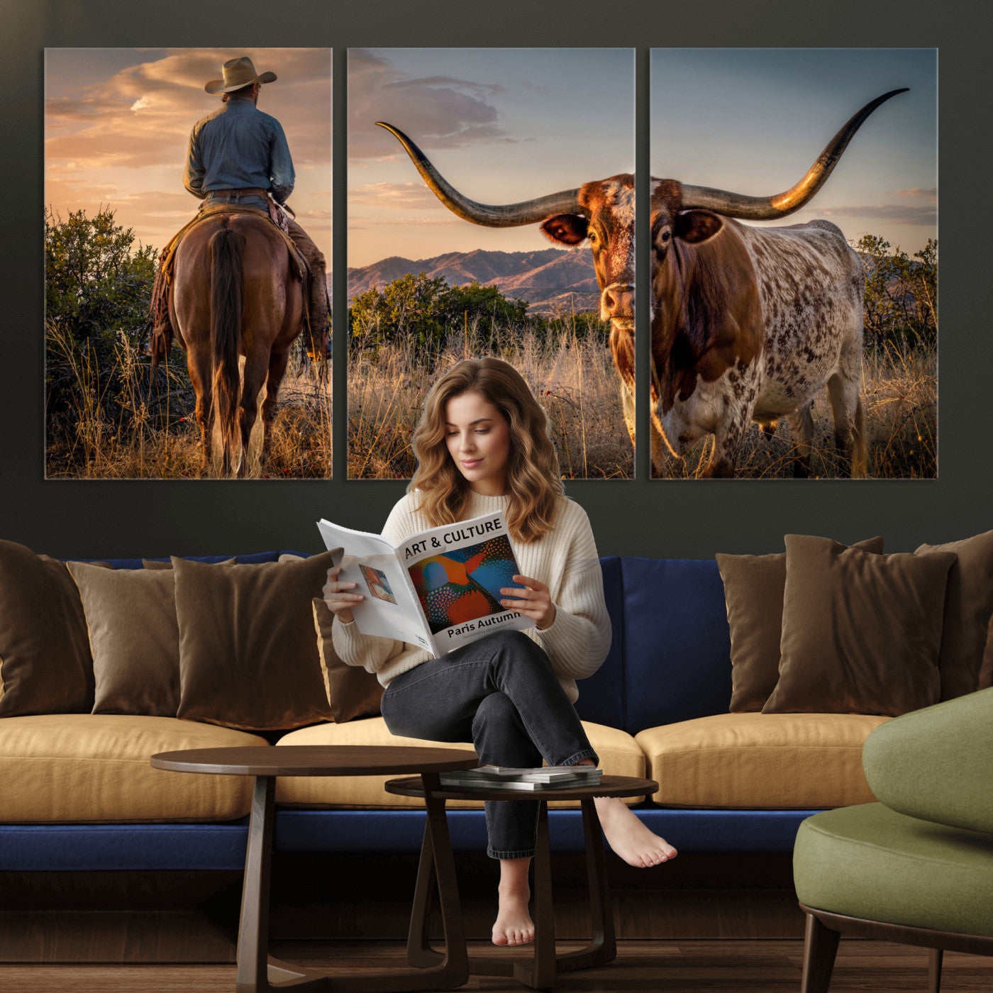 62076449-MGV-CV-60X30-3P - Texas Cow Bull Longhorn Cowboy Western Wall Art Decor for Farmhouse