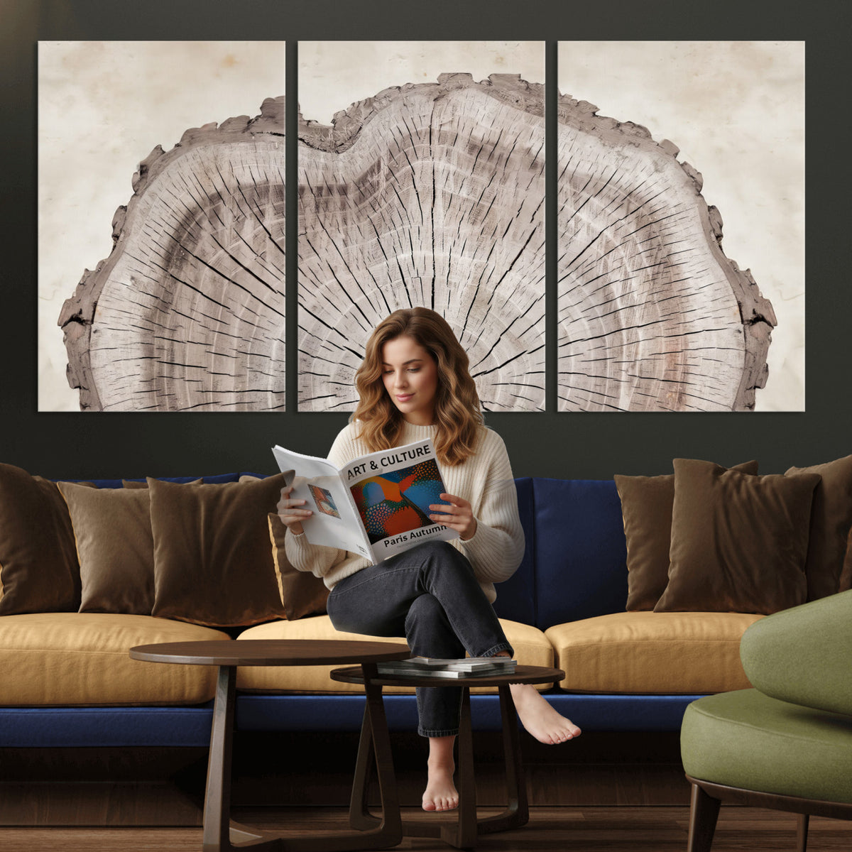 87833480-MGV-CV-60X30-3P - Tree Ring Canvas Wall Art in Neutral Earth Tones, Framed Wood Slice Print for Rustic and Japandi Interiors