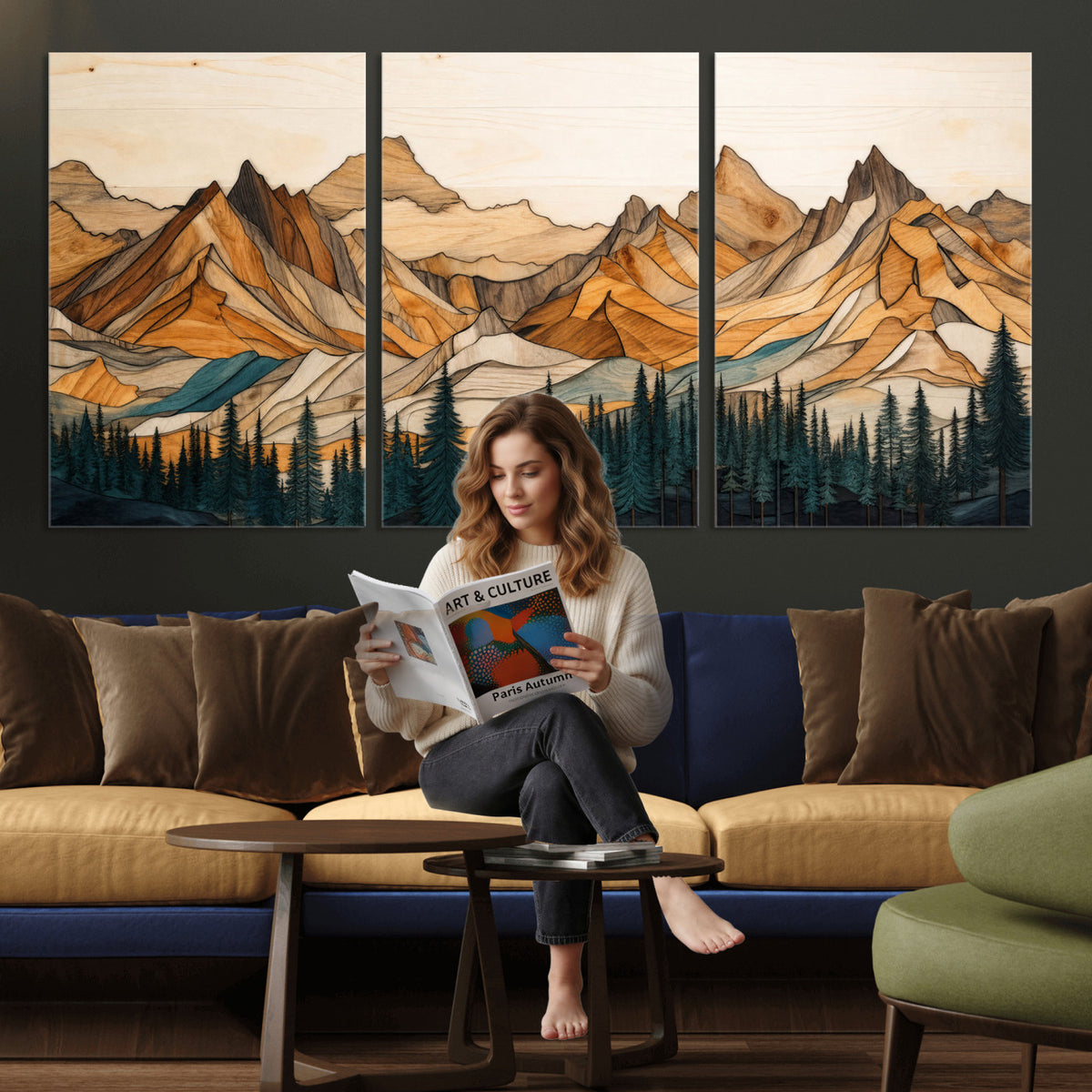 57384313-MGV-CV-60X30-3P - Mountain Landscape Canvas Wall Art with Wood Grain Effect, Golden Peaks and Teal Pine Forest, Framed Cabin Decor