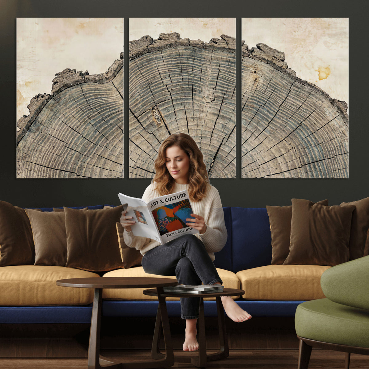 34201080-MGV-CV-60X30-3P - Tree Ring Canvas Wall Art in Neutral Earth Tones, Framed Wood Slice Print for Rustic and Japandi Interiors
