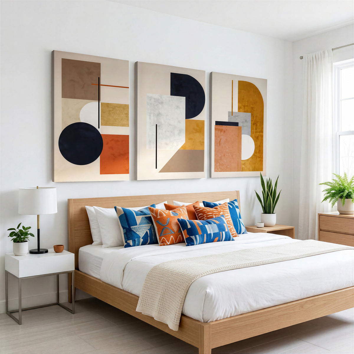 87361249-MGV-CV-48X32-3P - Mid Century Modern Geometric Canvas Wall Art, Abstract Triptych Print