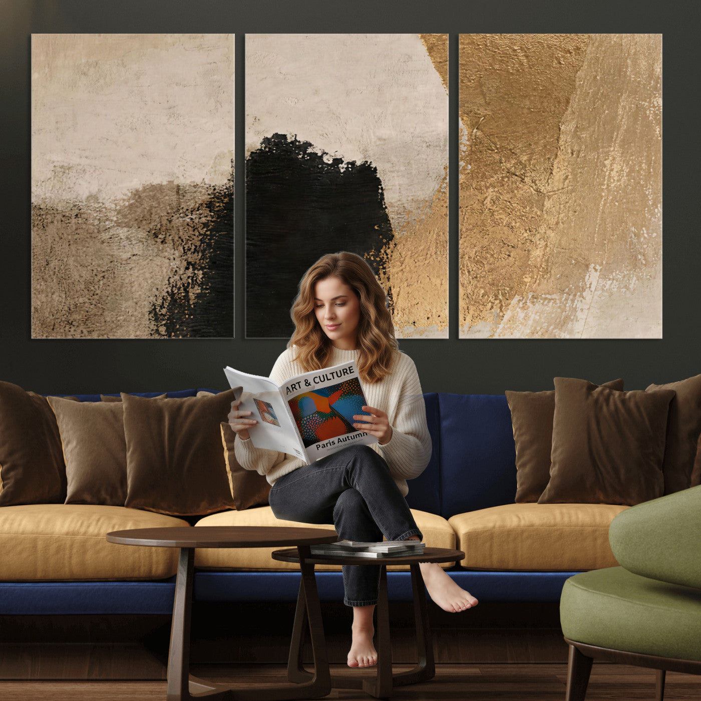 36003778-MGV-CV-48X32-3P - Mid Century Modern Geometric Canvas Wall Art, Abstract Triptych Print