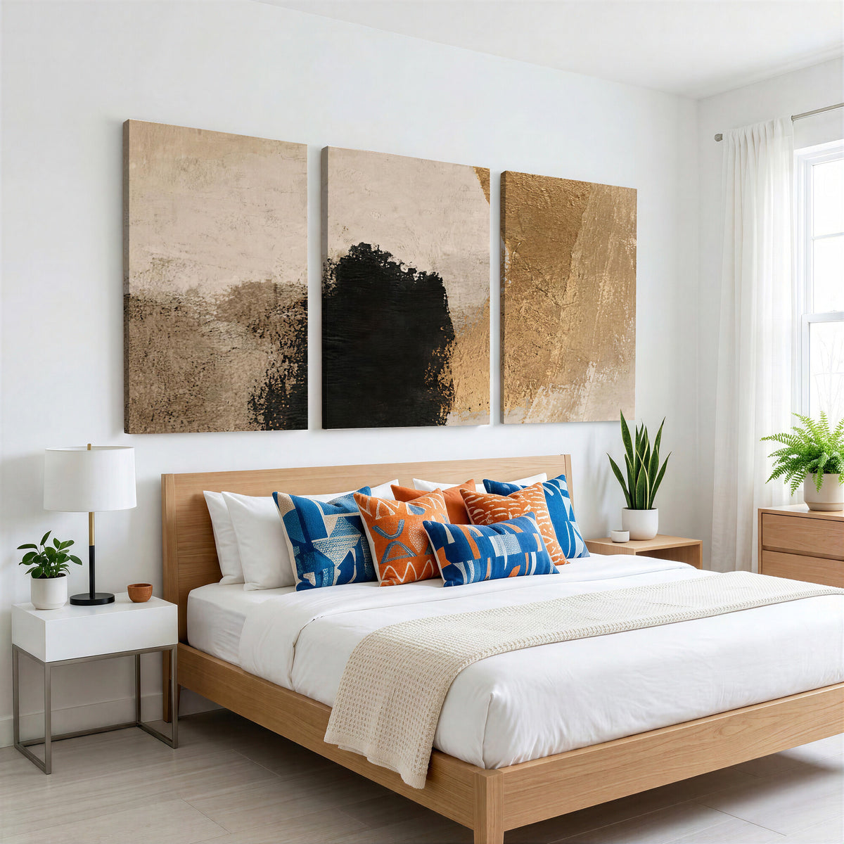 36003778-MGV-CV-48X32-3P - Mid Century Modern Geometric Canvas Wall Art, Abstract Triptych Print