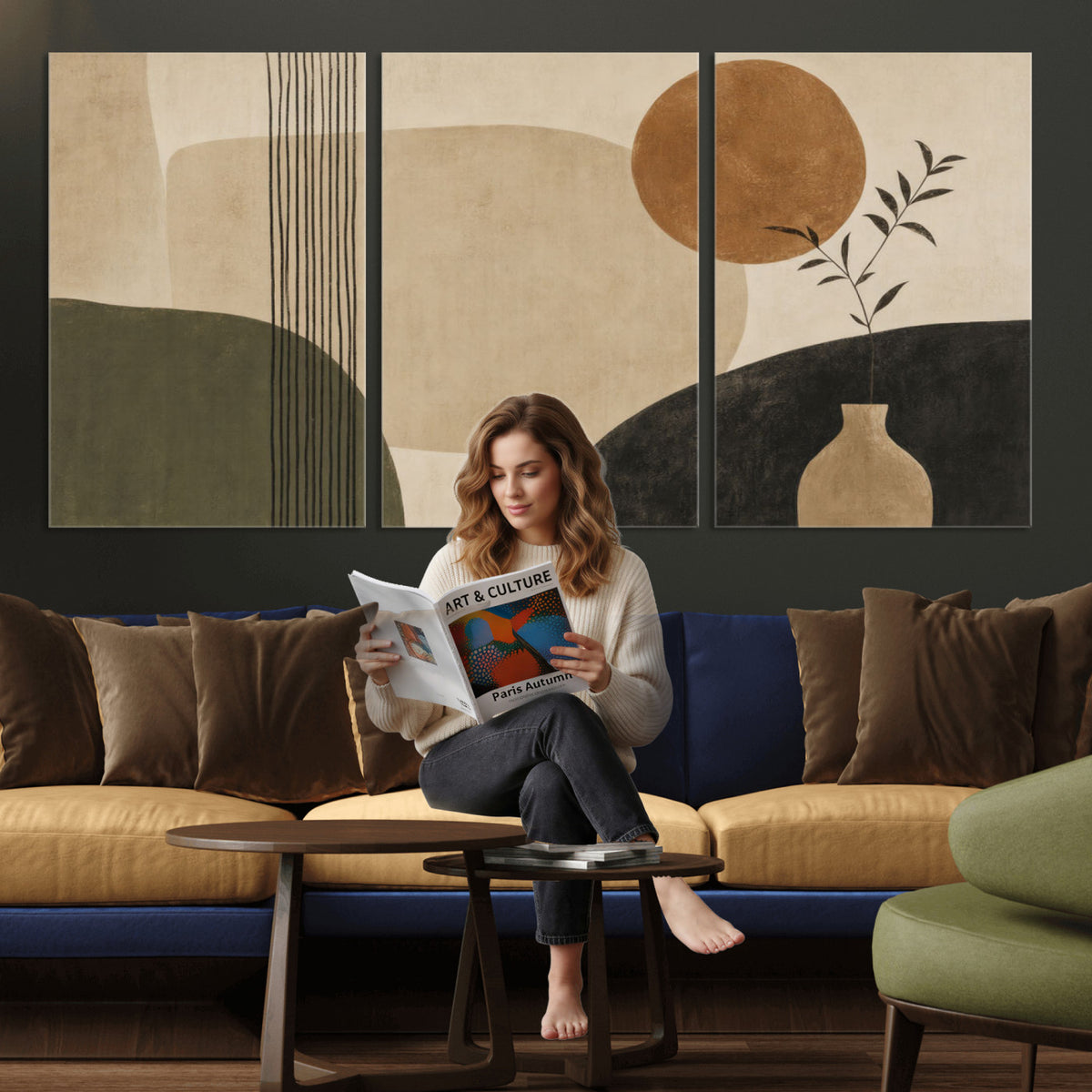 85289499-MGV-CV-60X30-3P - Boho Abstract Sun Canvas Wall Art, Minimalist Sage Green Botanical Print
