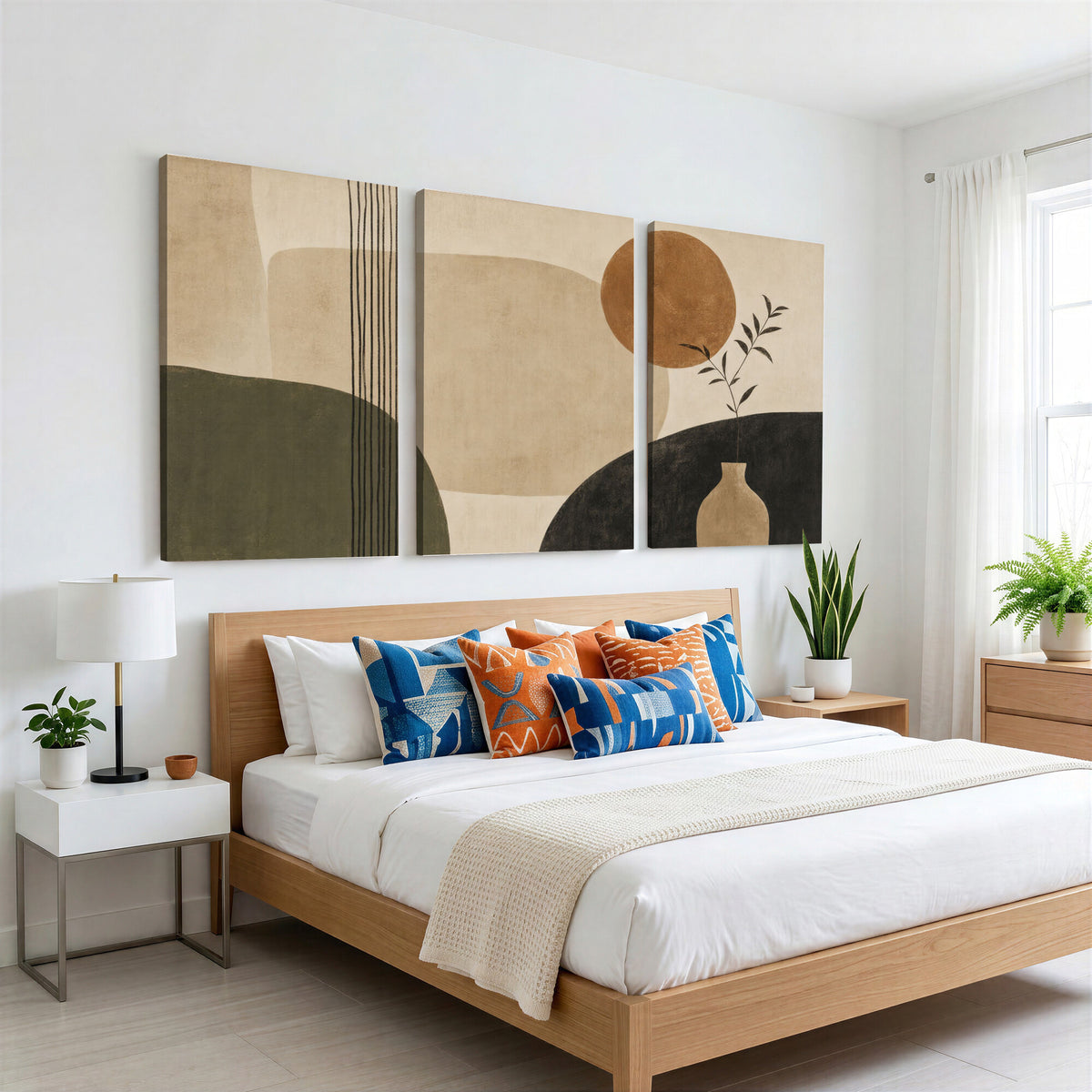 85289499-MGV-CV-60X30-3P - Boho Abstract Sun Canvas Wall Art, Minimalist Sage Green Botanical Print
