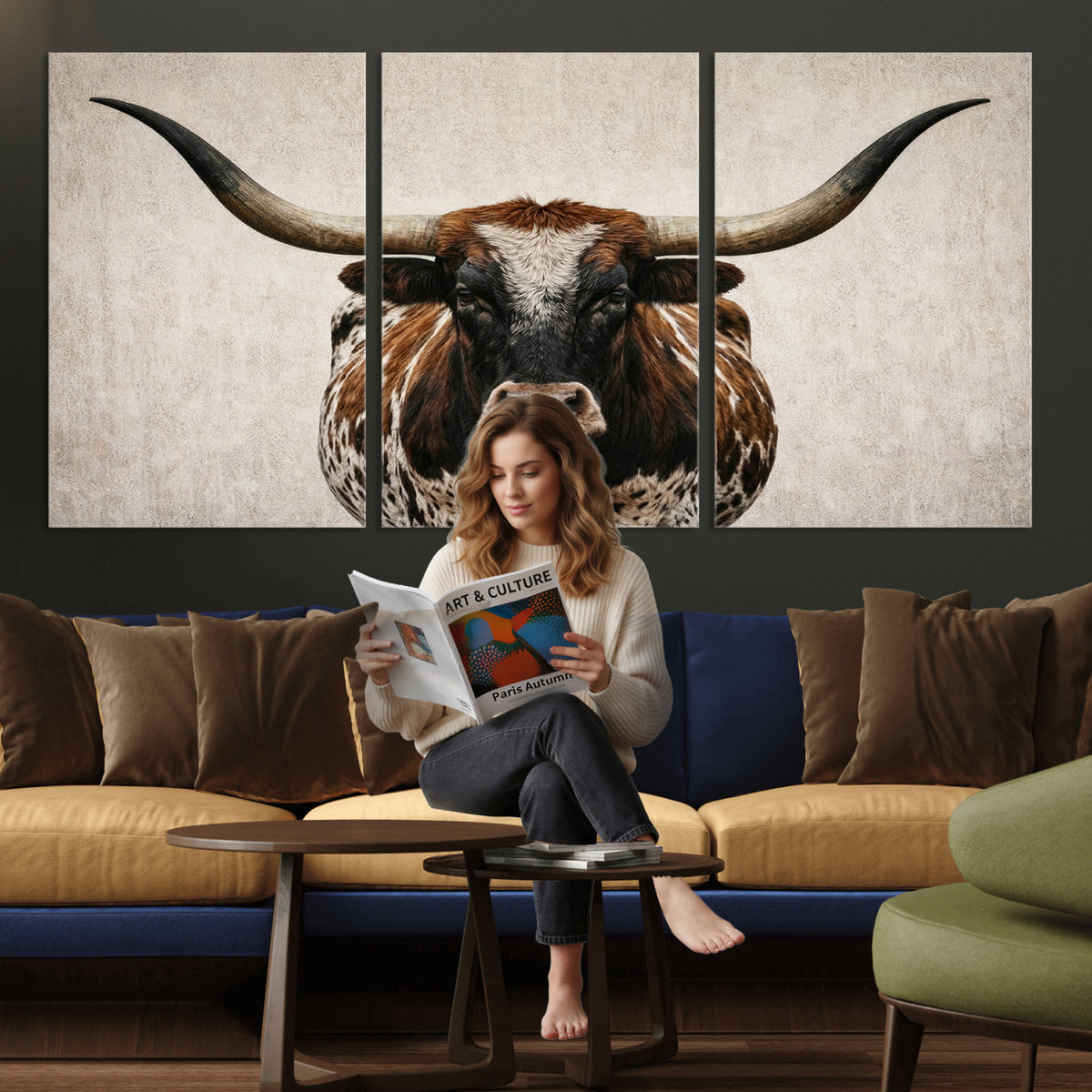 58622065-MGV-CV-36X24 - Texas Longhorn Canvas Wall Art Western Bull Desert Moody Grey Overcast Rustic Farmhouse Framed Large for Living Room Bedroom Office Decor