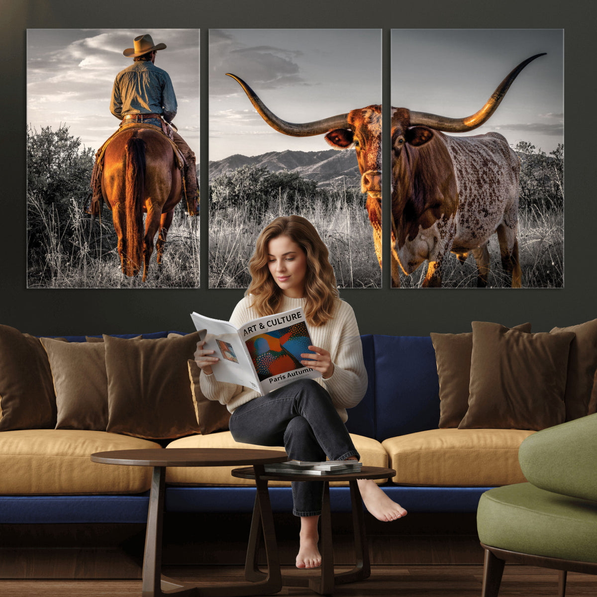 17066920-MGV-CV-60X30-3P - Extra Large Cowboy and Longhorn Wall Art Canvas Print