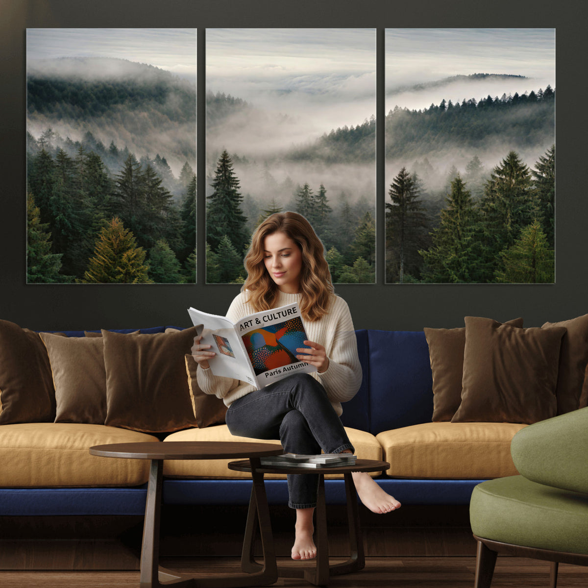 38409495-_Poster-30x20 - Misty Pine Valley Mountain Canvas Print 3 Piece Framed Wall Art Extra Large Floating Frame Nature Poster Made in USA