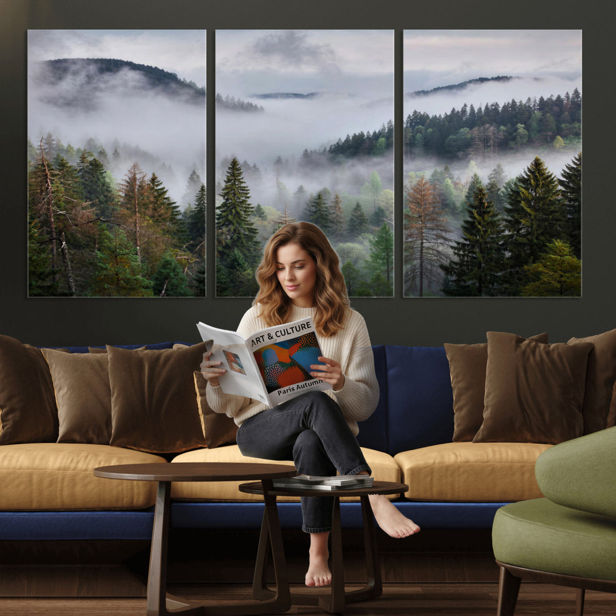 18735847-_Poster-30x20 - Foggy Pine Forest Mountain Canvas Print 3 Piece Framed Wall Art Extra Large Floating Frame Nature Poster Made in USA