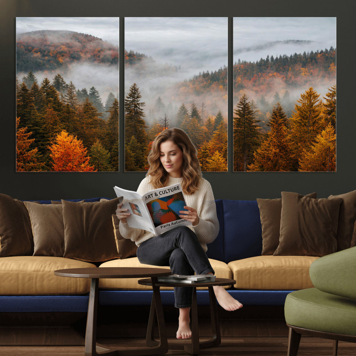87481341-_Poster-30x20 - Foggy Autumn Mountain Canvas Print Smoky Pine Forest Wall Art Panoramic Nature Poster 3 Piece Made in USA