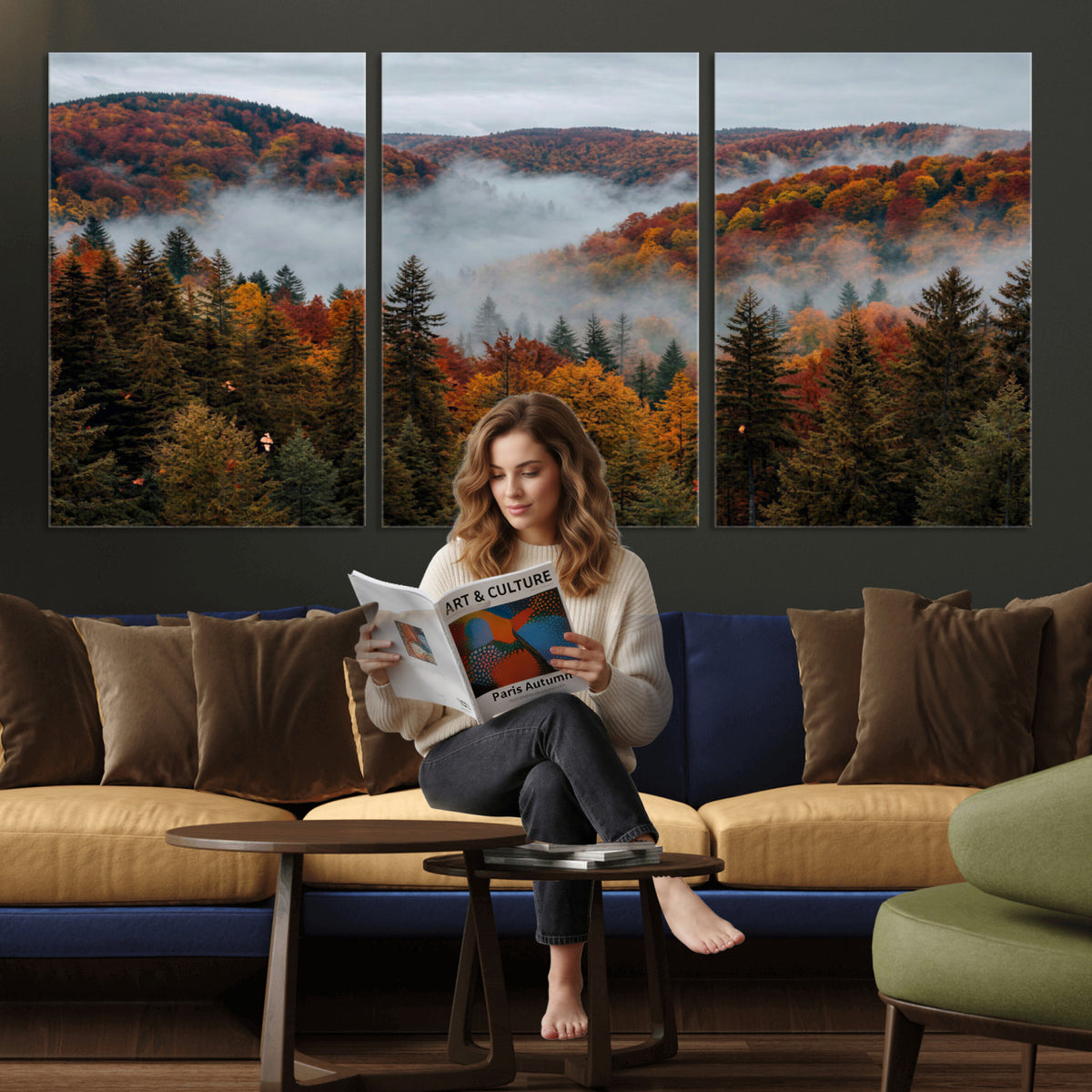 26686263-_Poster-30x20 - Misty Autumn Forest Mountain Canvas Print 3 Panel Wall Art Gallery Wrapped Floating Frame Poster Made in USA