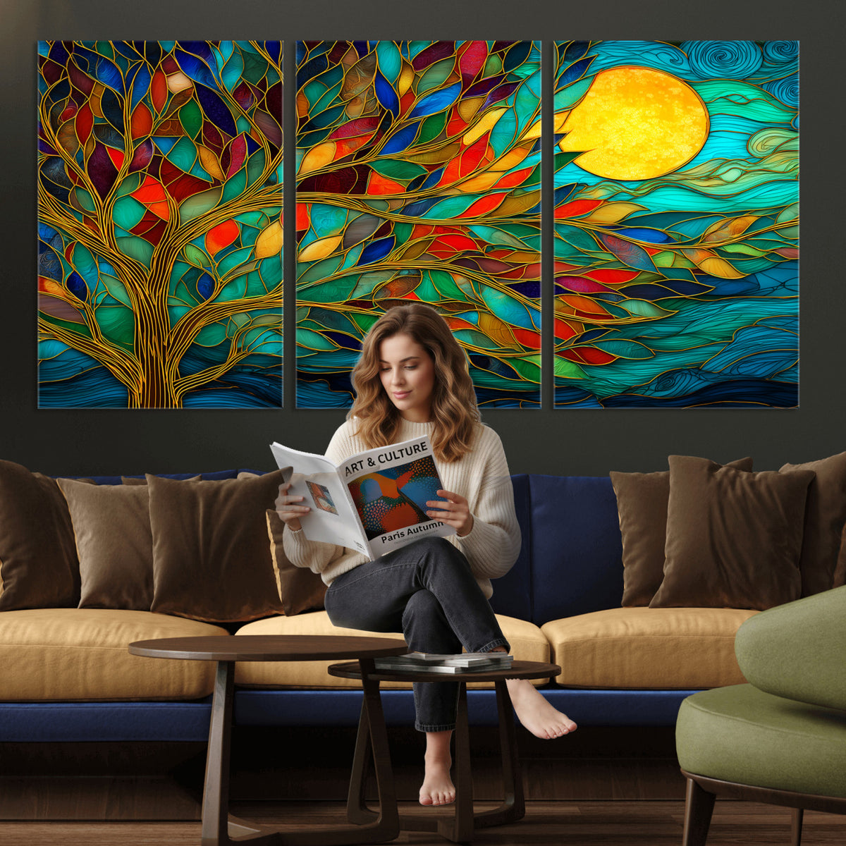 11877152-MGV-CV-36X24 - Stained Glass Tree Of Life Wall Art - Vibrant Mosaic Nature Home Decor