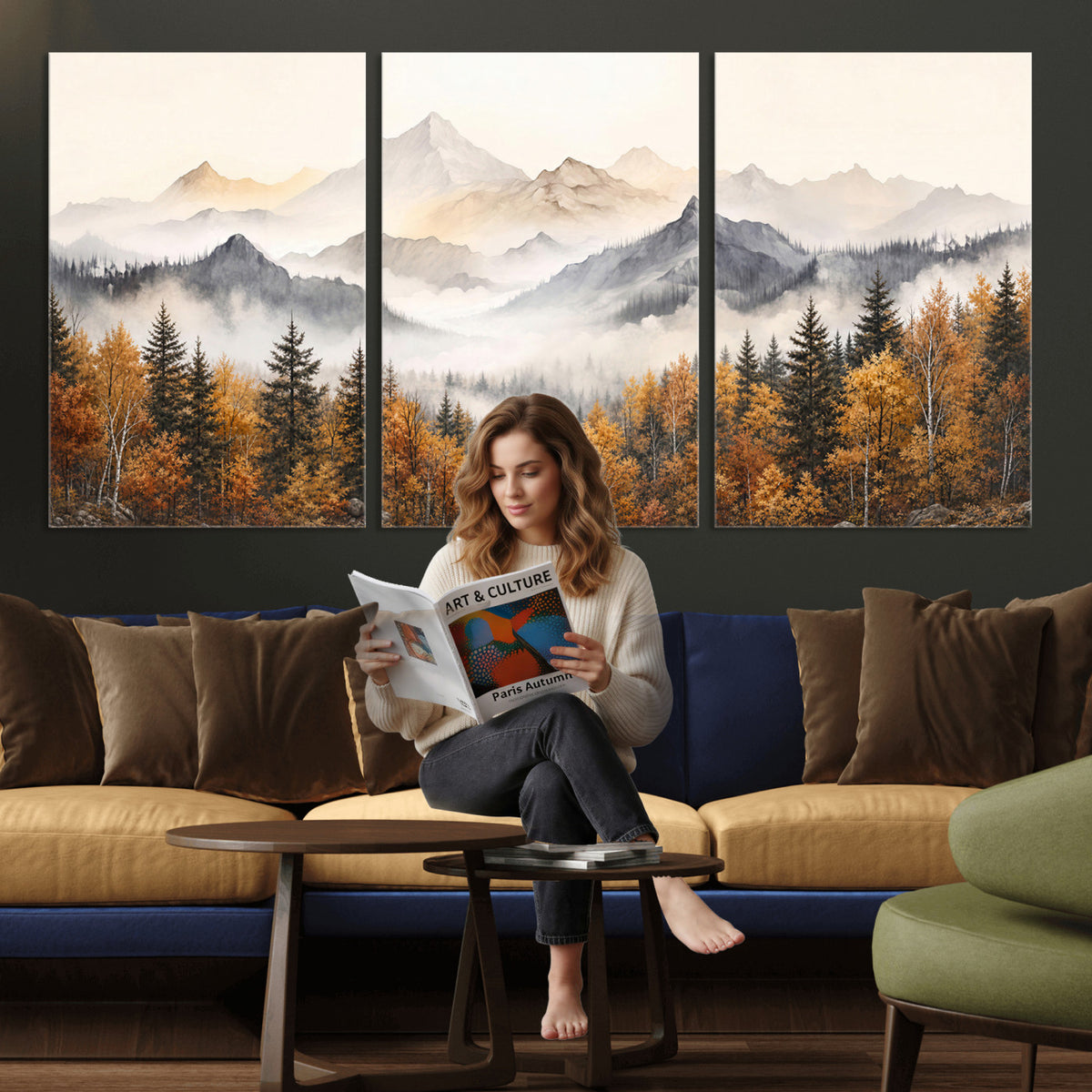 19544118-MGV-TP-30X20 - Misty Mountain Autumn Forest Canvas Wall Art - Watercolor Fall Nature Landscape Print