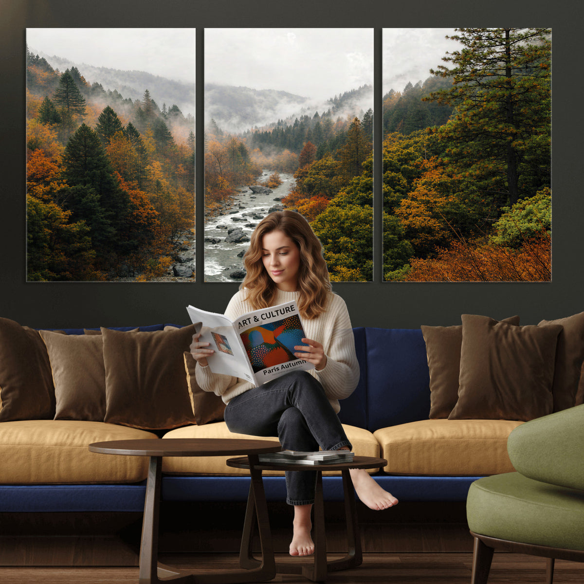 95540697-MGV-TP-30X20 - Misty River Mountain Valley Canvas Wall Art - Autumn Forest Landscape Nature Print